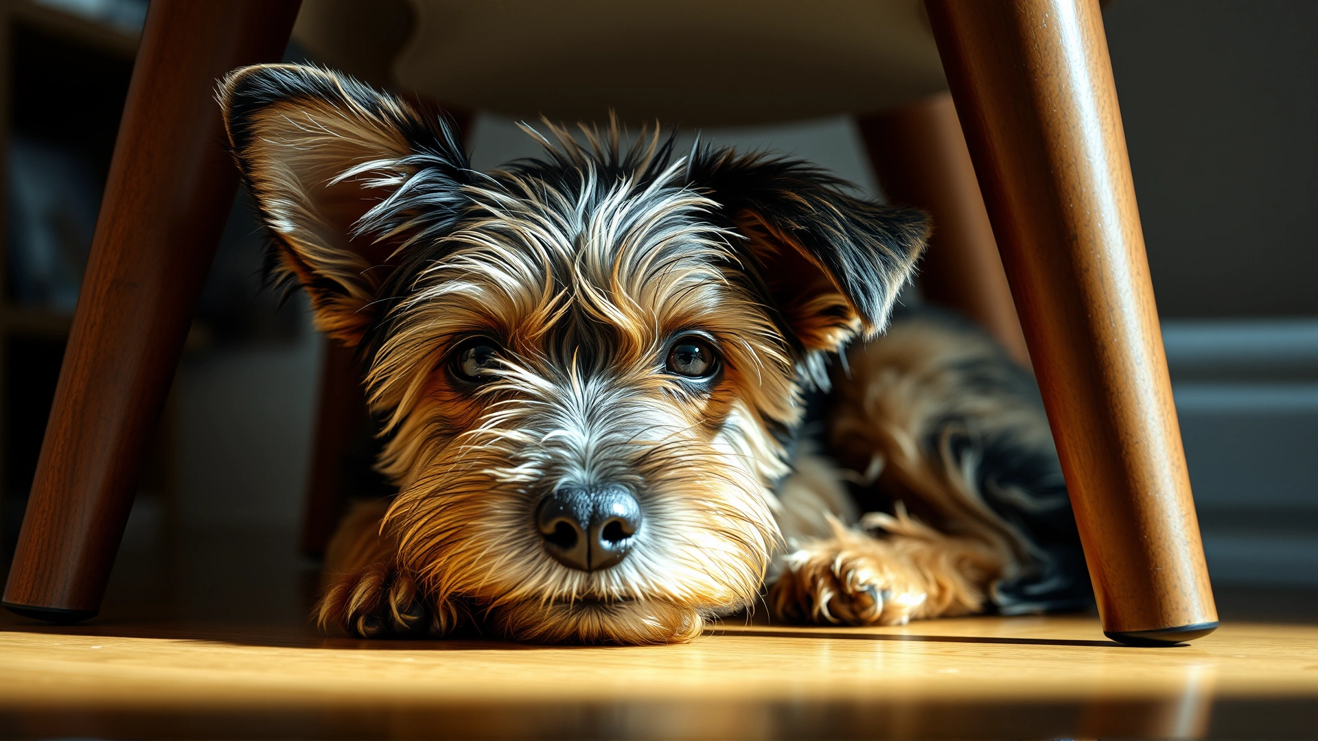 Small terrier curled up under a chair indoors, looking slightly anxious, soft lighting