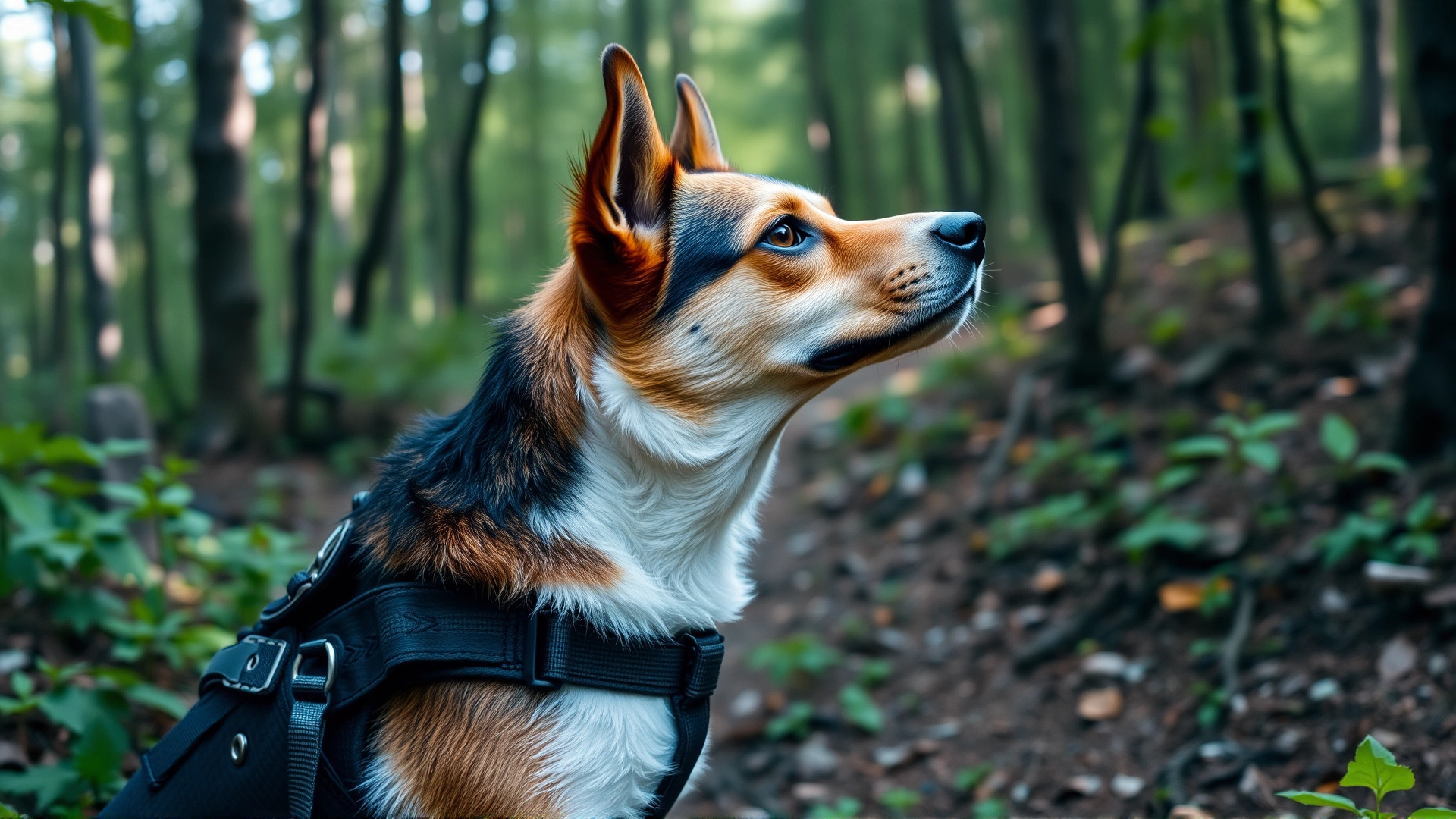 Medium shot of a dog wearing a harness while hiking in a dense woodland area, looking alert