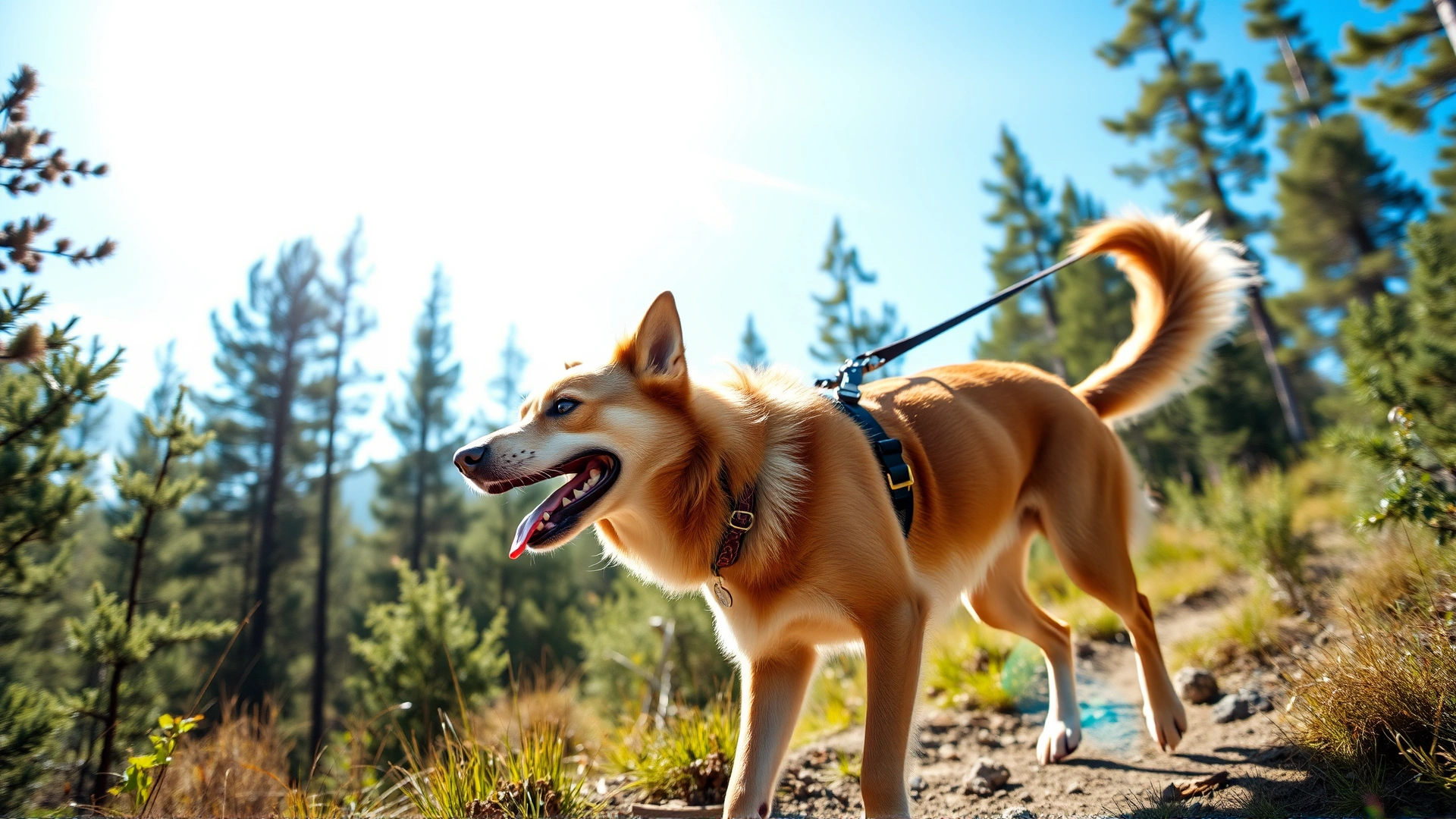 Energetic middle-aged mixed-breed dog hiking a forest trail with a bright blue sky, symbolizing restored mobility after treatment