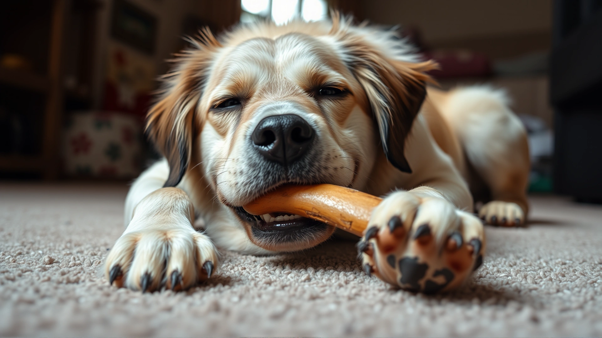 Happy dog lying on carpet, holding a chew bone between its front paws, dewclaws visible, natural indoor light
