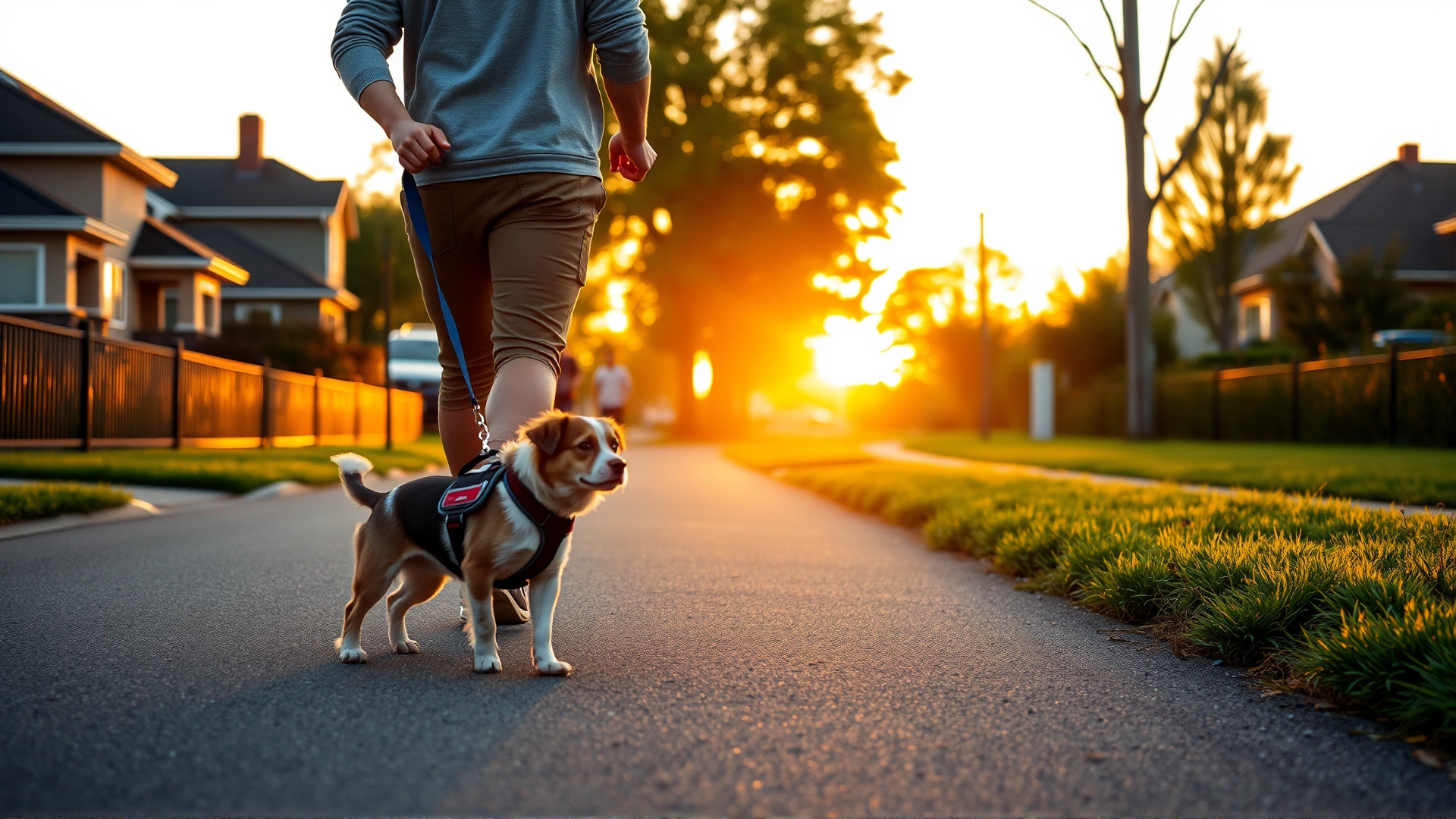 Owner walking a small dog with a harness along a quiet suburban street at sunrise, representing moderate safe exercise.