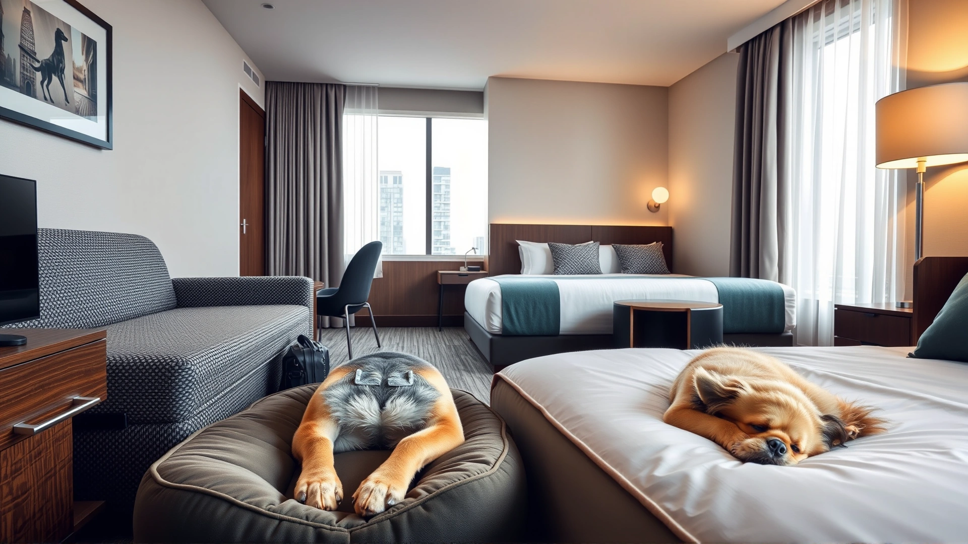Friendly dog relaxing on a pet bed inside a modern hotel room with suitcase nearby