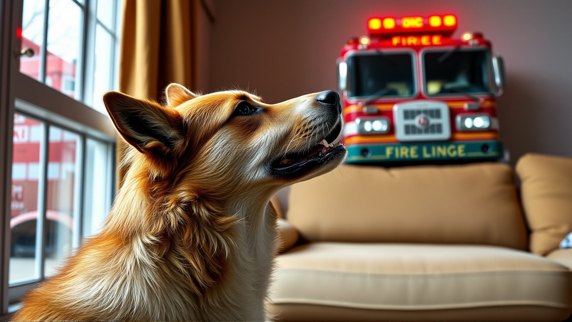 A domestic dog (mixed breed) standing in a living room near a window, head lifted and mouth open as if howling, while a fire truck with flashing lights is visible outside the window.