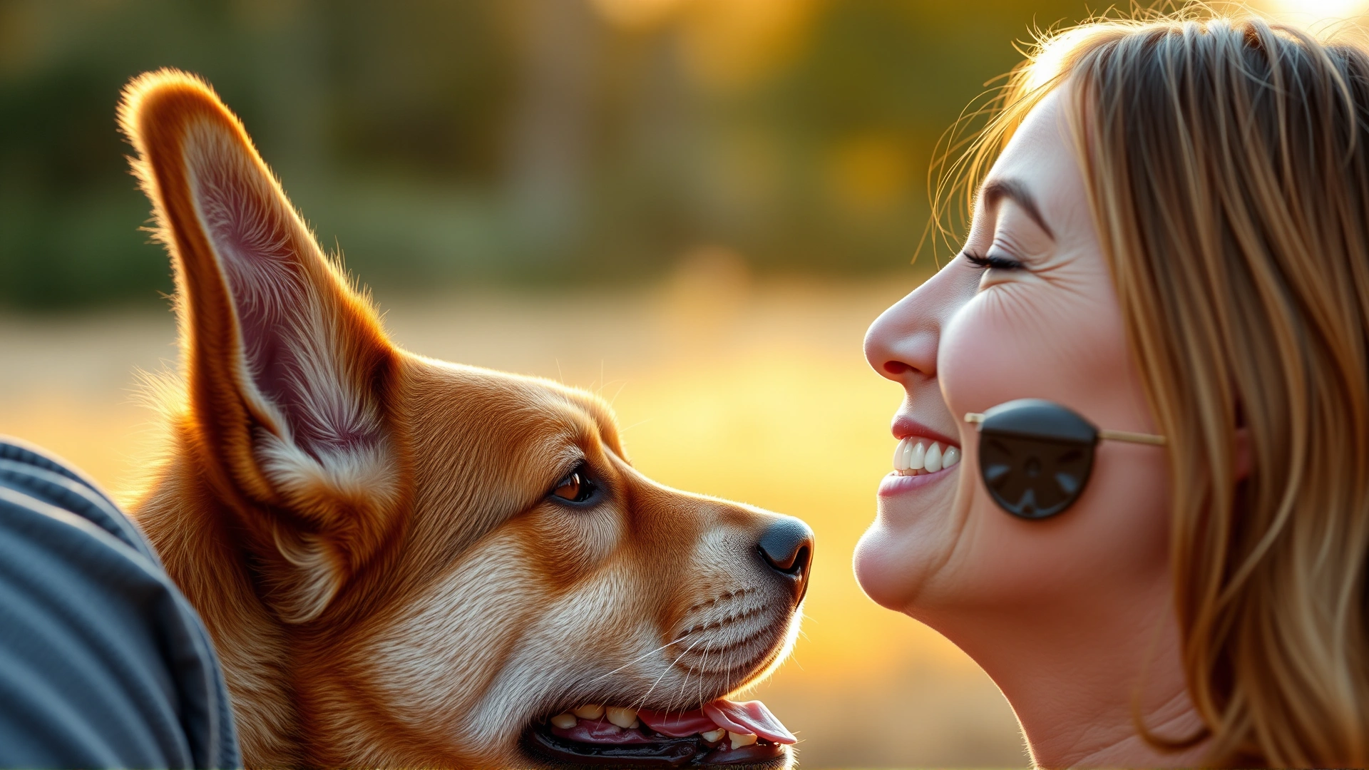 Golden hour photo of a dog and owner touching noses, showcasing strong bond and affection