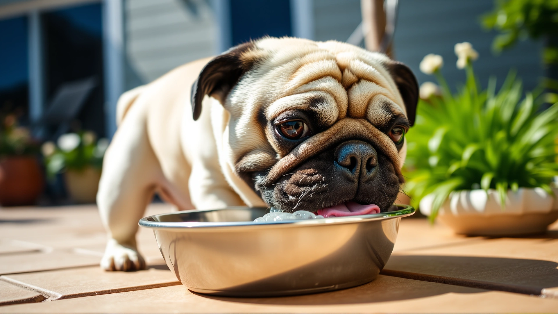 Flat-faced Pug drinking fresh water from a stainless steel bowl on a sunny patio, shallow depth of field, summer vibe.