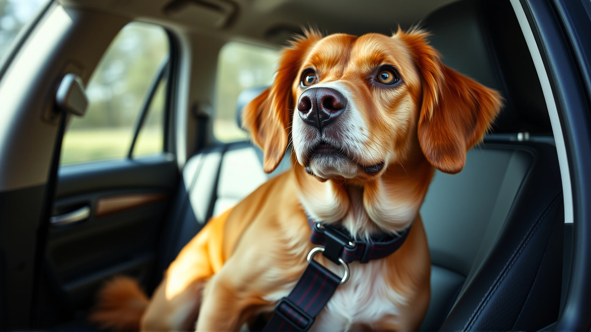 Close-up of a medium-sized dog properly secured with a canine seatbelt in the back seat of a clean car interior