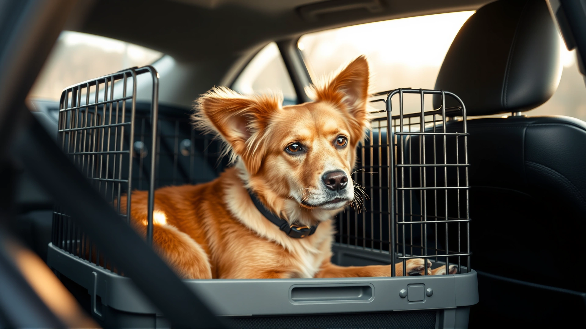 Well-secured dog in a travel crate placed on a car backseat, seat belt strapped, daylight through window