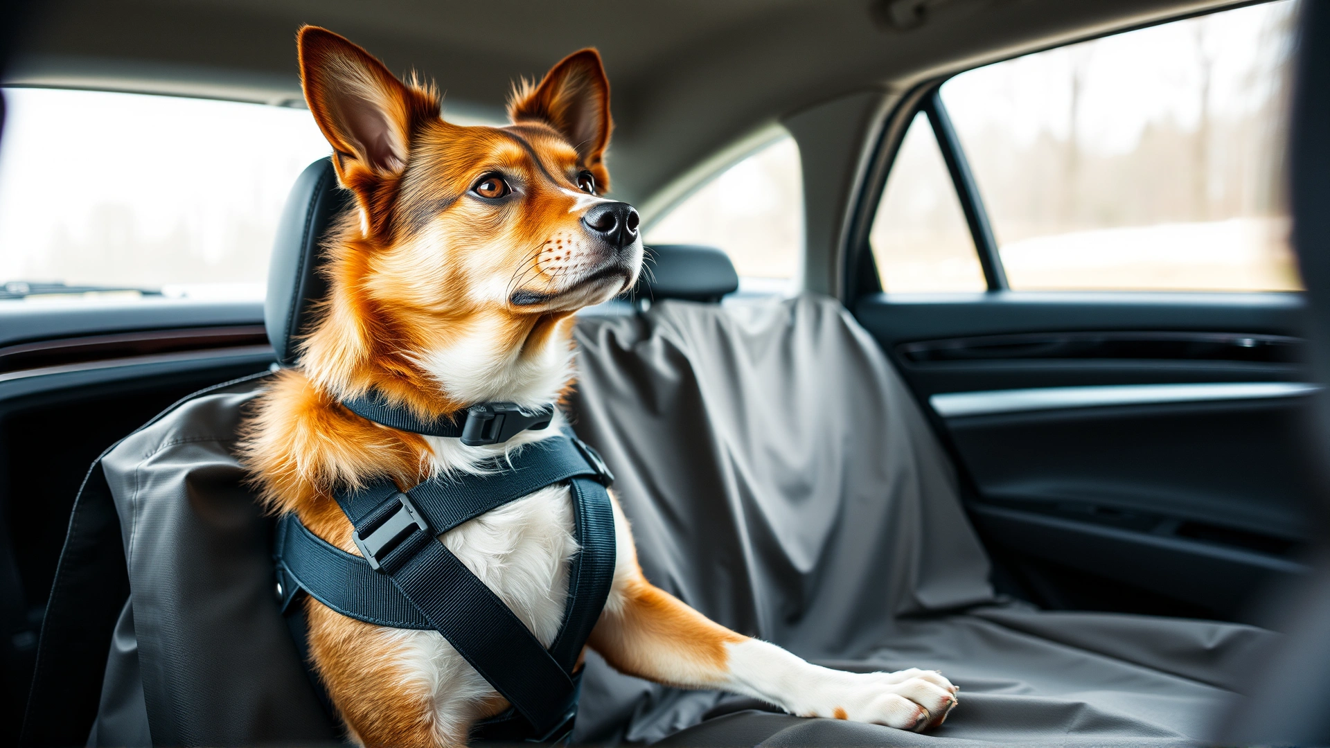 Medium-sized dog secured in a car safety harness, looking forward while sitting on a backseat cover