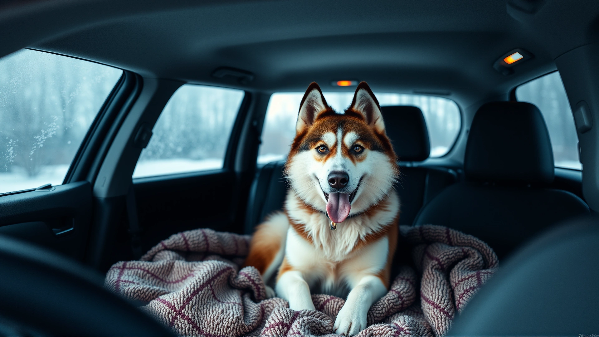 Inside view of a car with a husky sitting in the back seat on a thick blanket, windows slightly frosted, dashboard heater lights on; illustrates keeping pets warm in the car