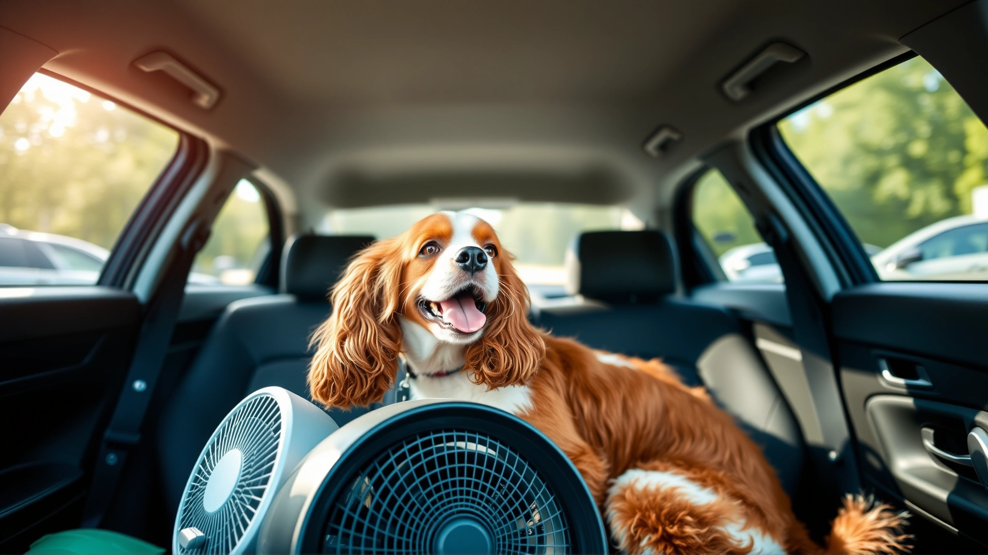 Brown and white spaniel sitting in the back seat of a parked car with all windows open, panting happily with a portable fan visible.