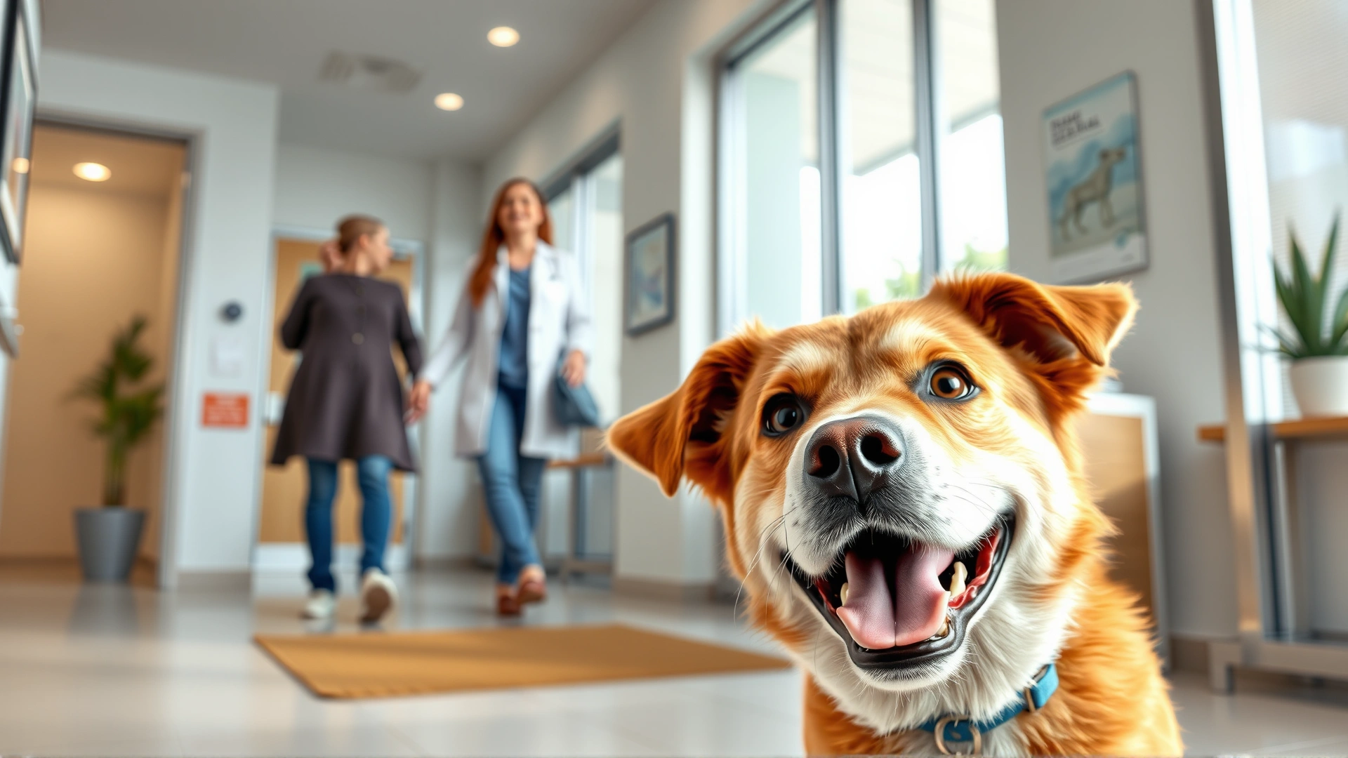 Medium shot of a cheerful dog entering a modern veterinary clinic lobby with its owner; the dog looks curious and relaxed.