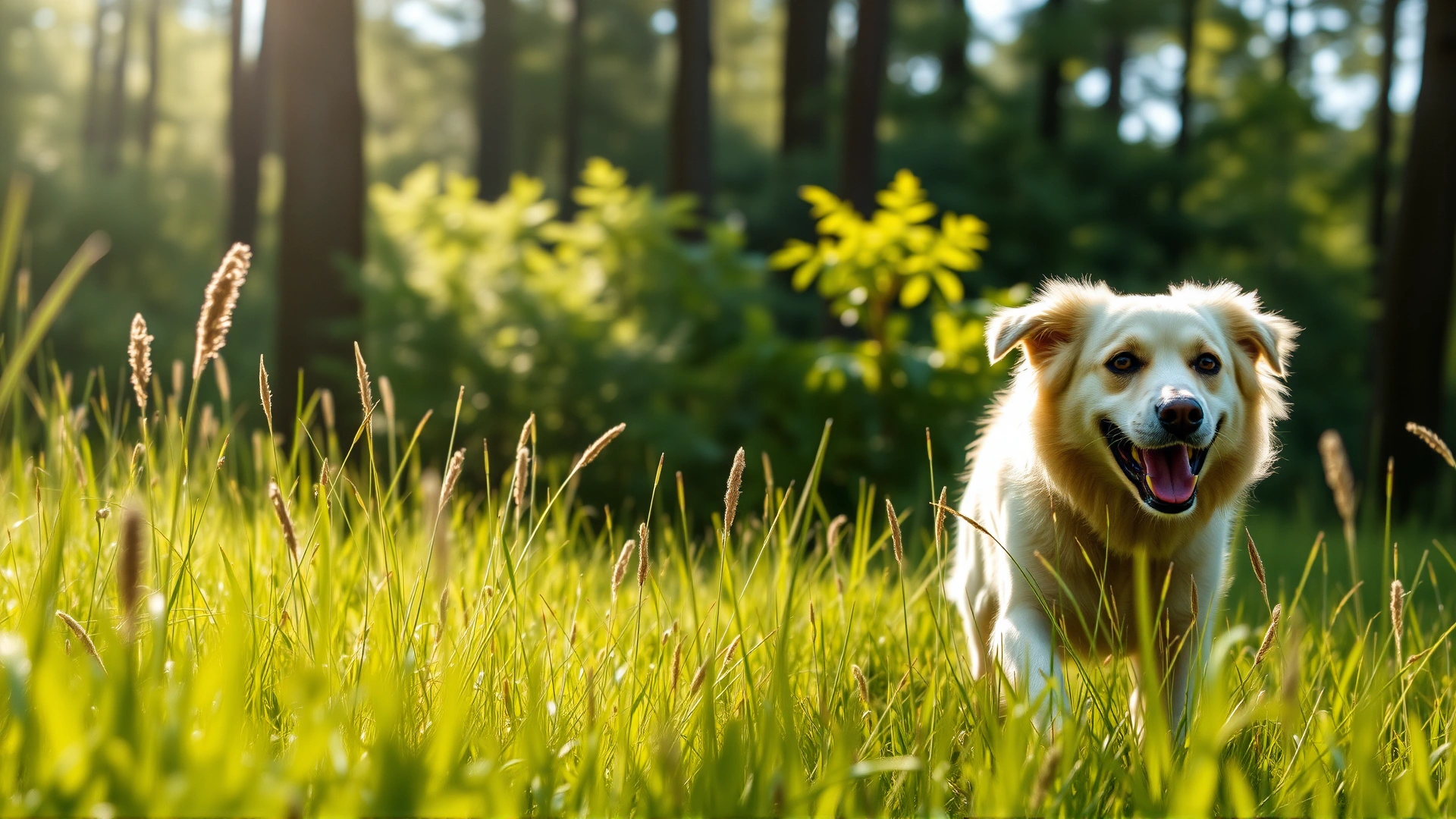 Happy dog walking through tall grass in a sunlit forest, illustrating a natural habitat where ticks are commonly found.