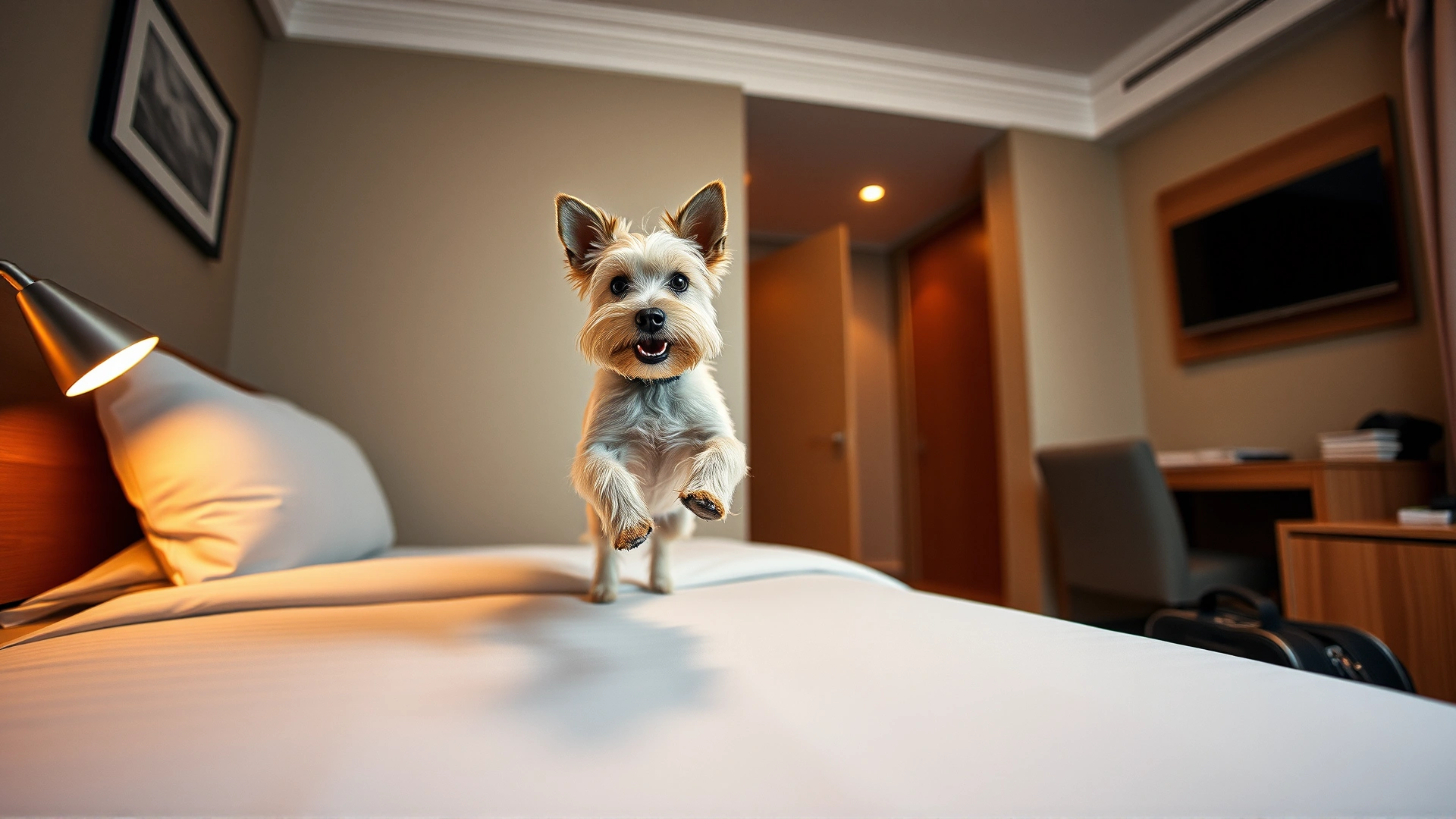 Small terrier jumping onto a neatly made hotel bed, travel bag on the floor, cozy warm lighting