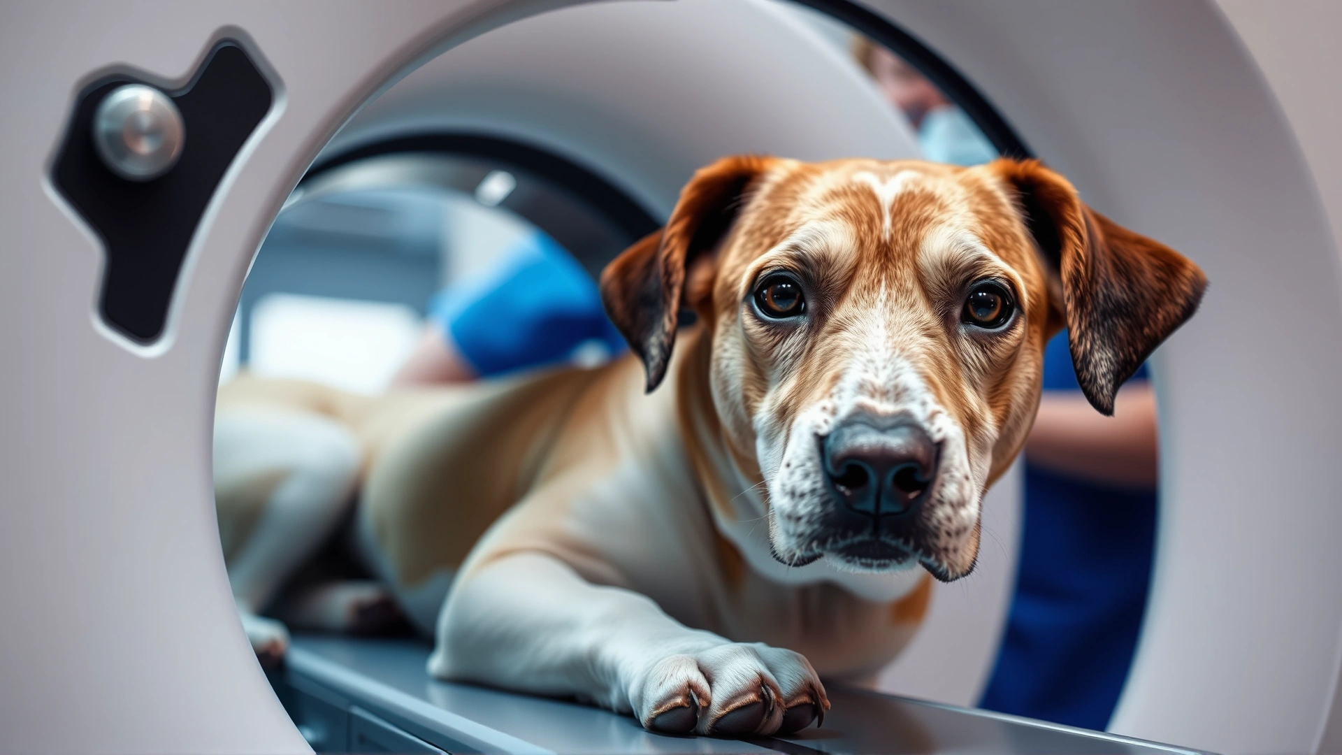 Close-up of a dog lying inside an MRI scanner tunnel, with its head slightly outside, veterinary technician visible adjusting the coil, clinical setting