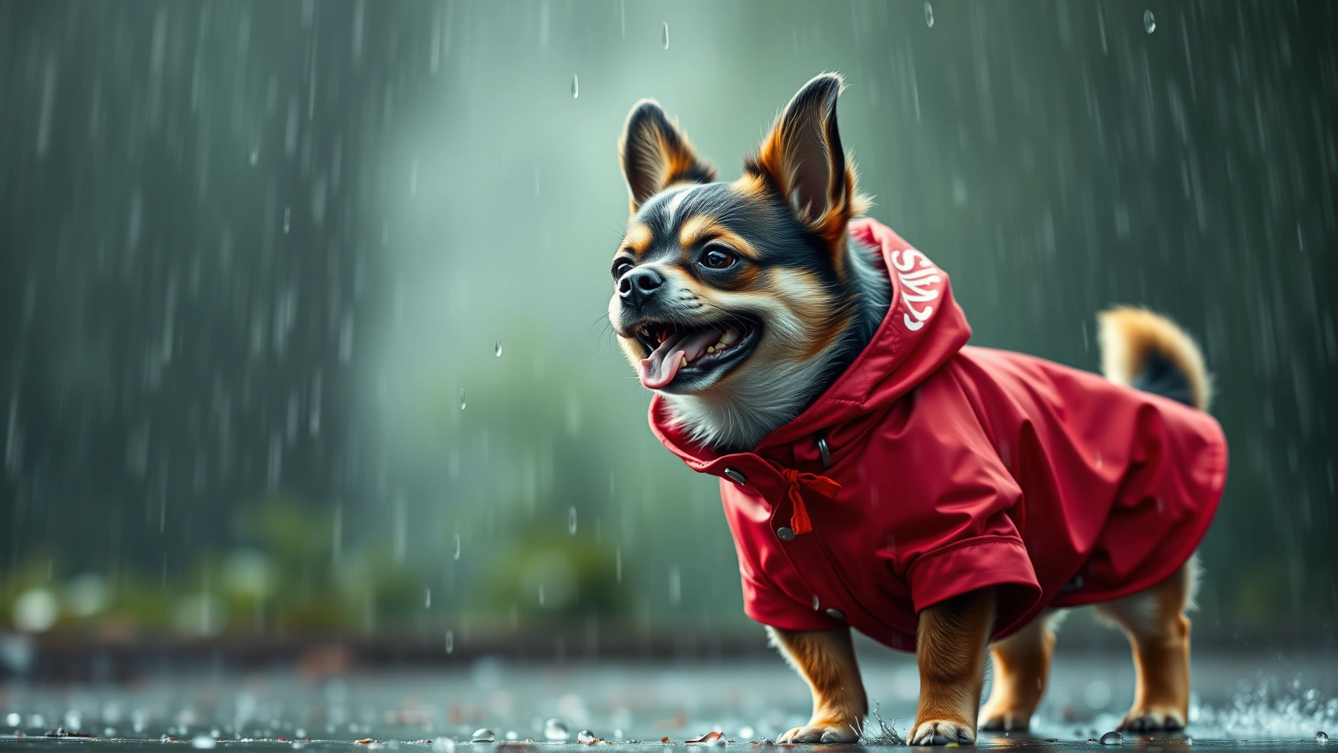 Happy small dog in a red raincoat stepping through light rain, water droplets around, shallow depth of field
