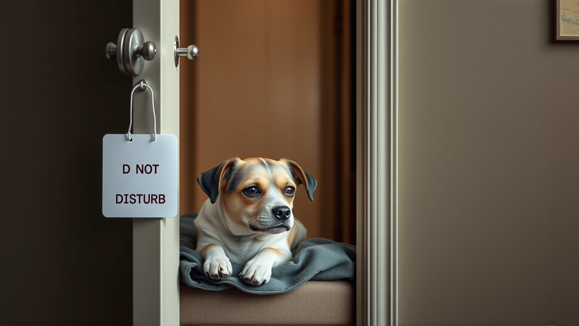 Small dog resting on its blanket inside a hotel room doorway, 'Do Not Disturb' sign hanging on door handle, soft background focus, no legible text.