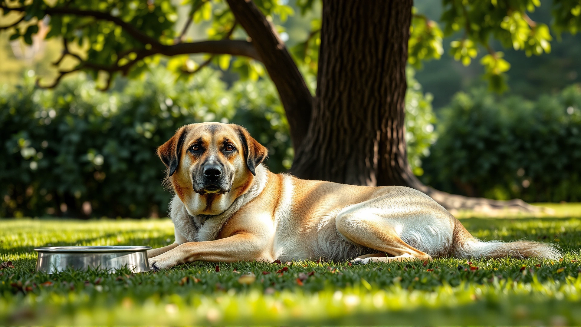 Dog resting comfortably under a large tree shade with a water bowl beside, soft natural lighting