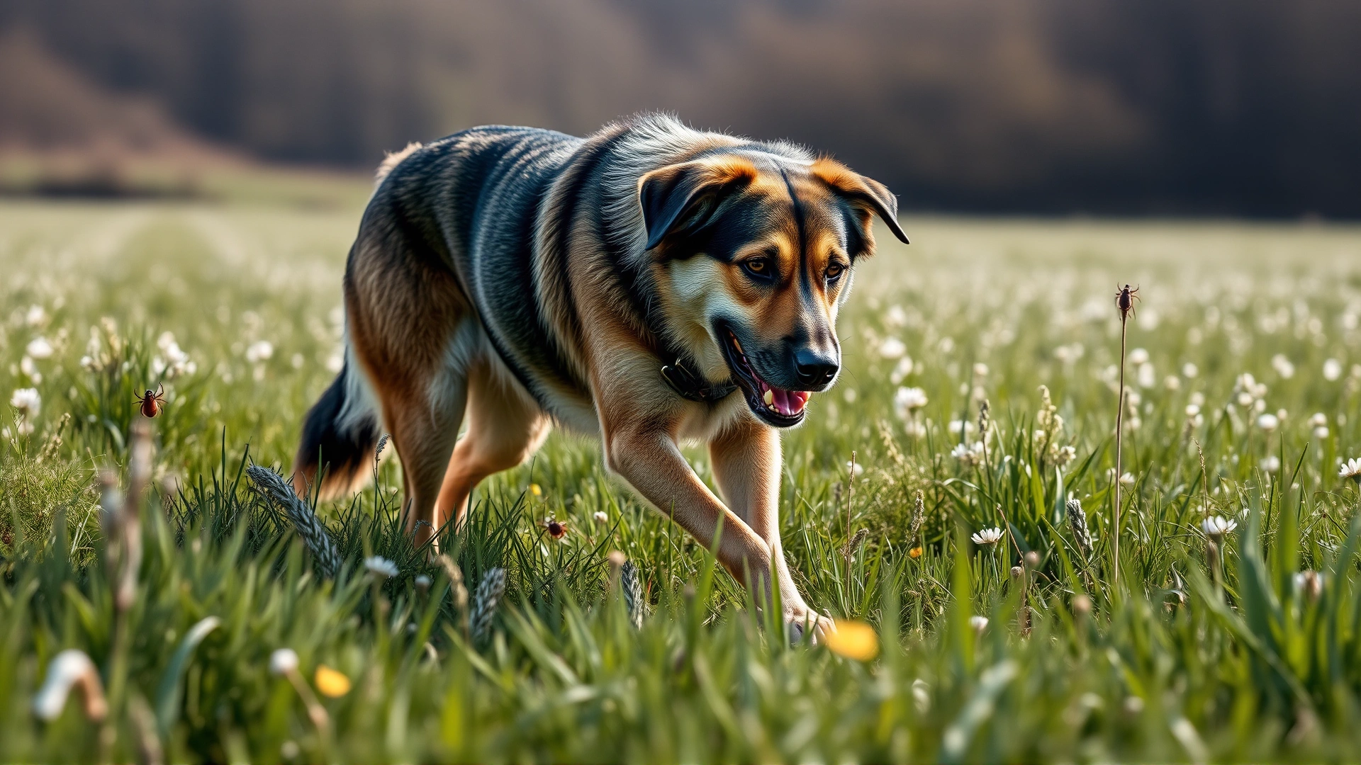 Large dog walking through knee-high grass in a spring field, illustrating how easily ticks can latch on.