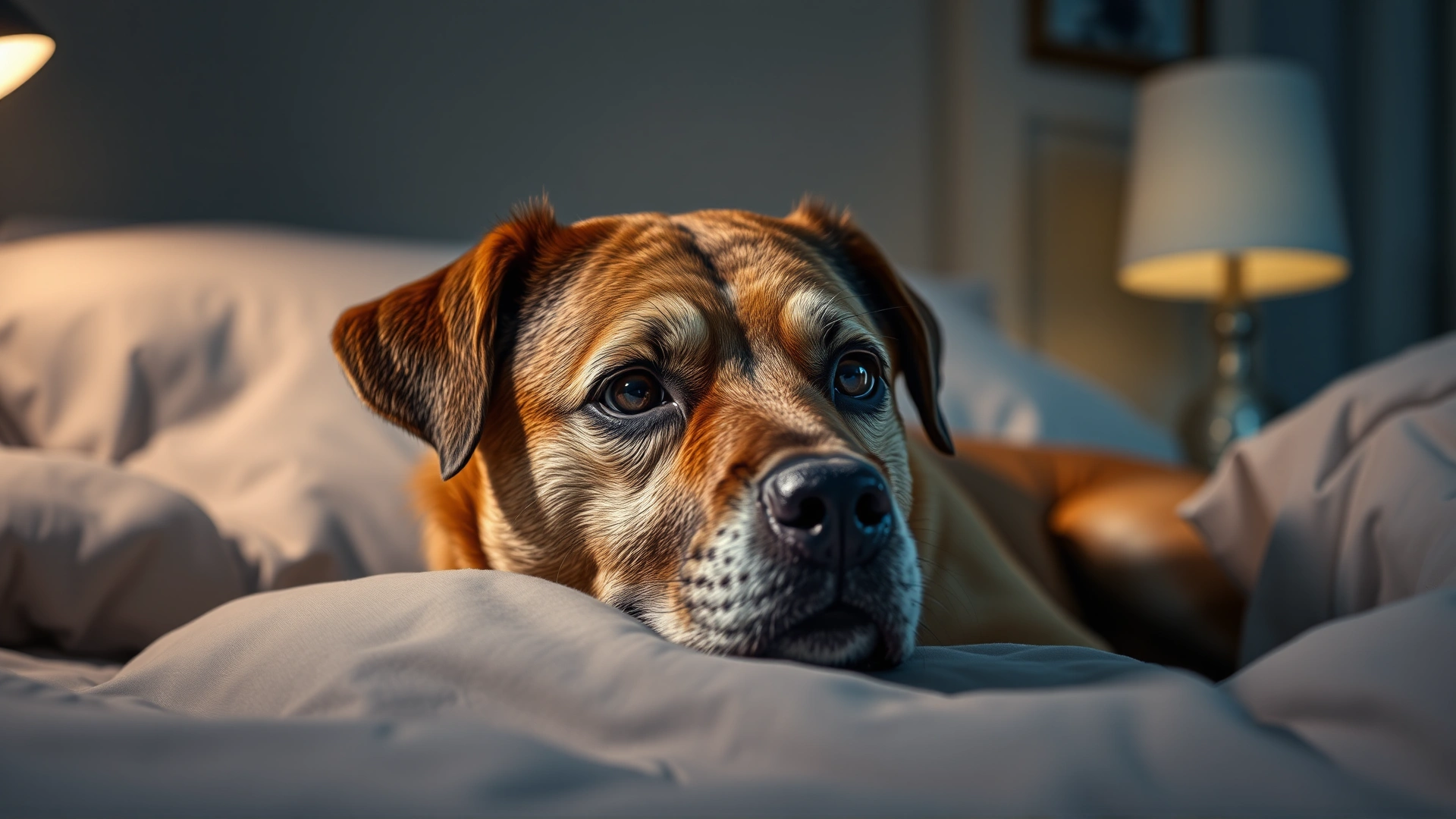 Senior mixed-breed dog lying awake in bed with eyes open at night, soft bedside lamp lighting the scene