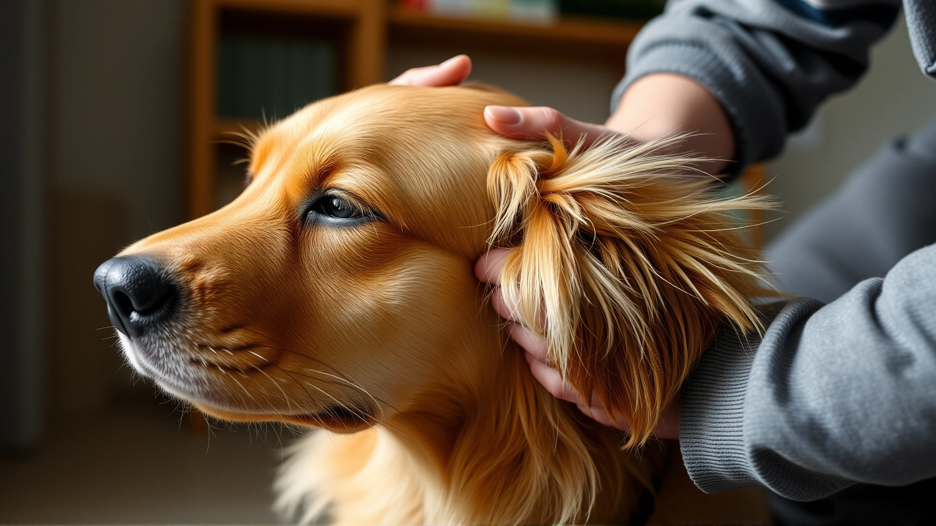 Owner gently parting the fur of a golden retriever to inspect a small skin tag, indoor soft lighting, high resolution