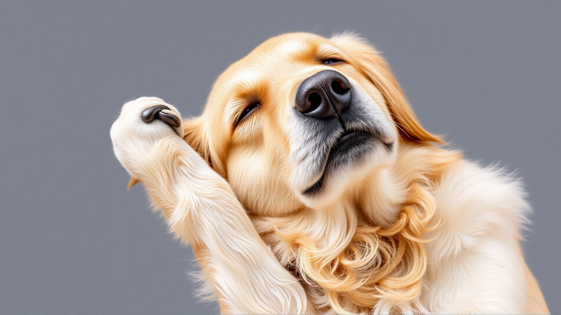 Close-up of a golden retriever scratching its ear with a hind leg, indicating possible food allergy, neutral background