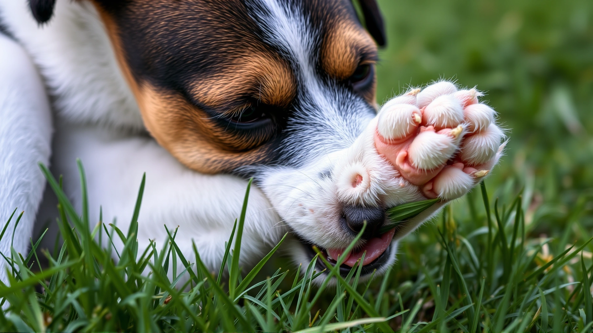 Close-up of a dog chewing or licking its itchy paw while sitting in grass; emphasizes a key symptom of grass allergy.