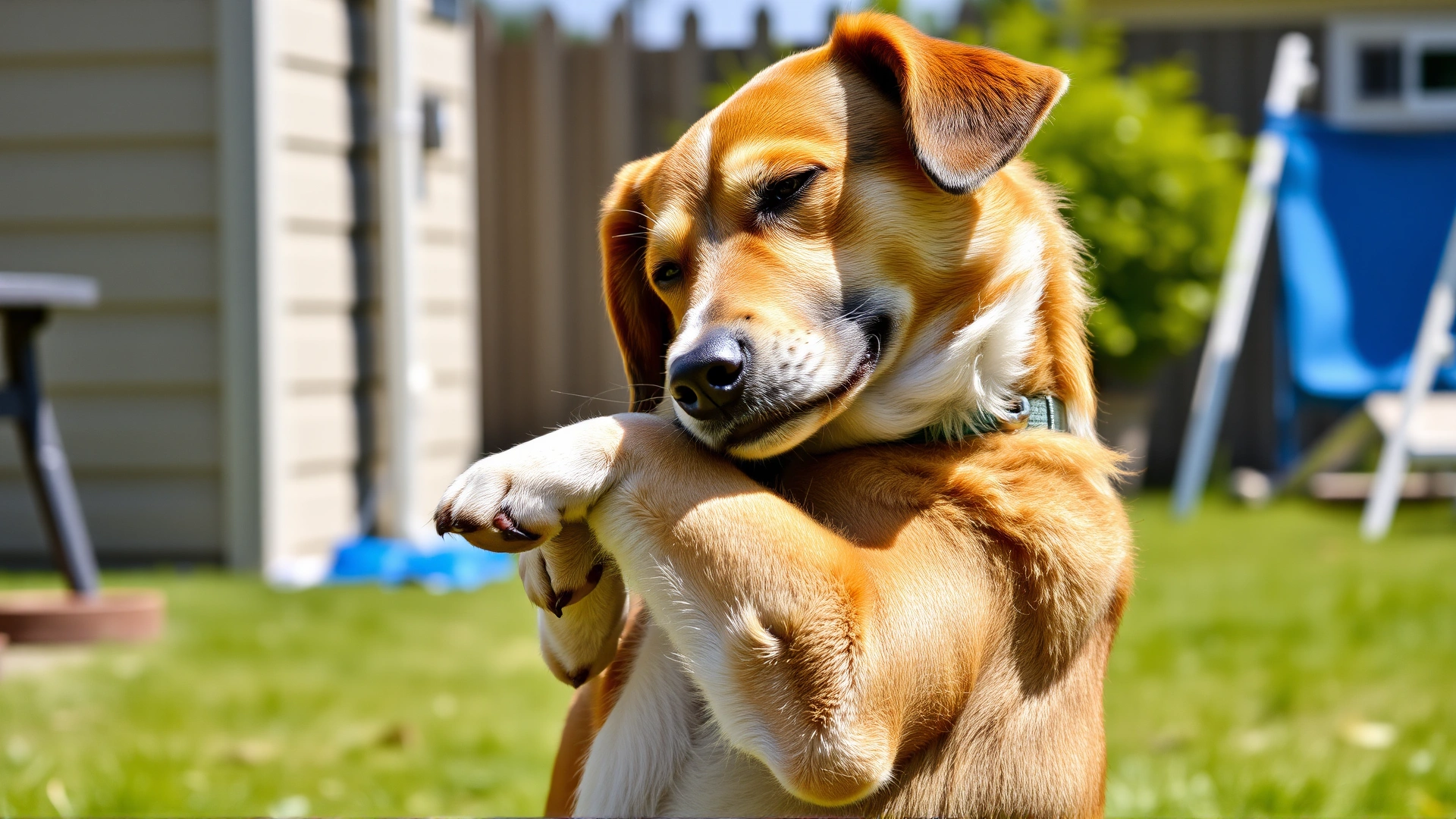 A medium-sized dog scratching its neck with its hind leg in a backyard, sunny day, shallow depth of field
