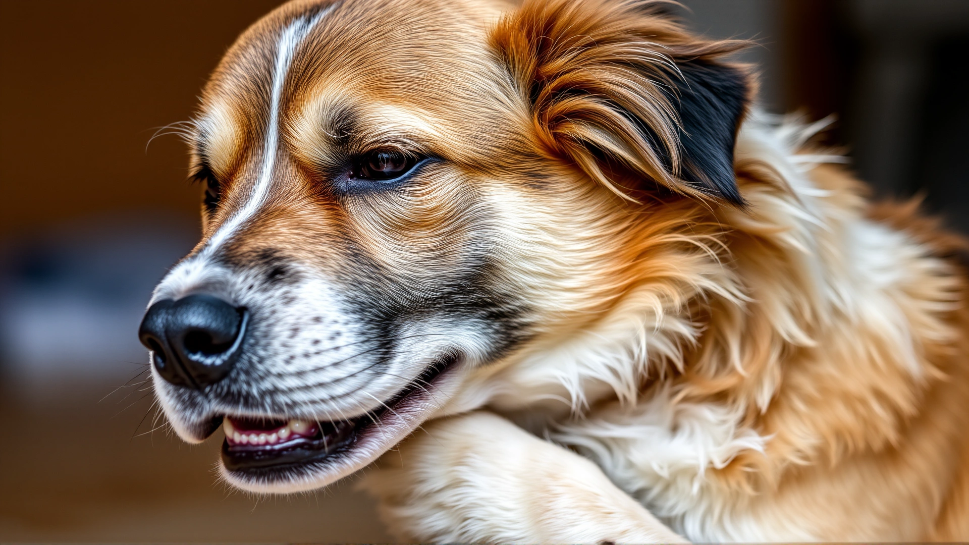 Close-up of a mixed-breed dog with a focused expression biting at its flank due to itchiness, shallow depth of field.