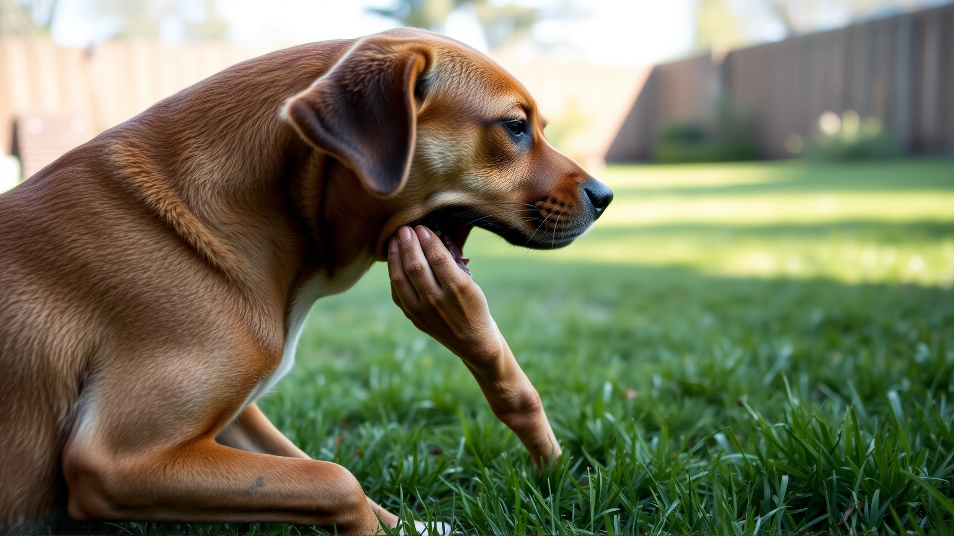 Medium-sized brown dog scratching its neck with hind leg in a grassy backyard, illustrating atopic dermatitis itching