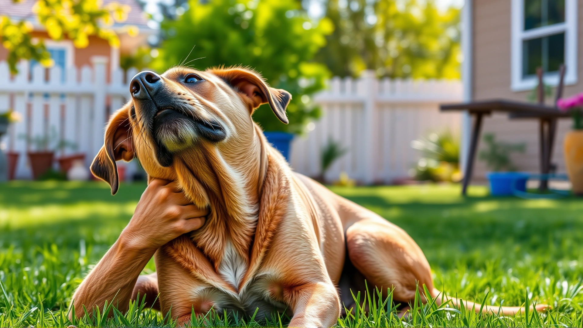 Medium shot of a brown dog scratching its neck while sitting on grass in a backyard, sunny day, high detail.