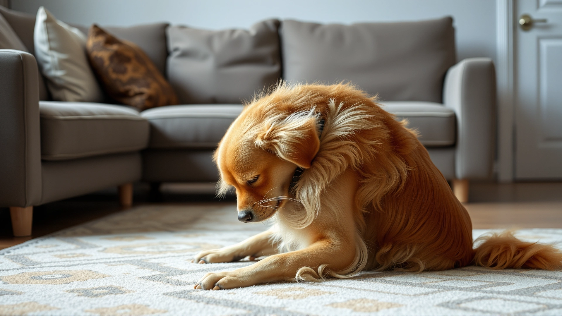 Medium shot of a golden retriever scratching its neck with a hind leg while sitting on a living-room rug, showing clear signs of itchiness.