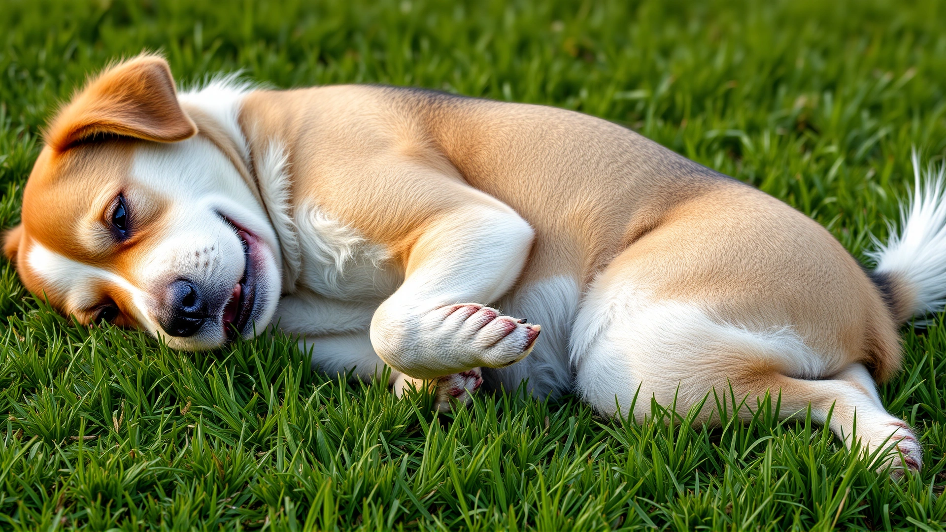 Dog lying on green grass chewing or nibbling its back paw, illustrating mild itchiness