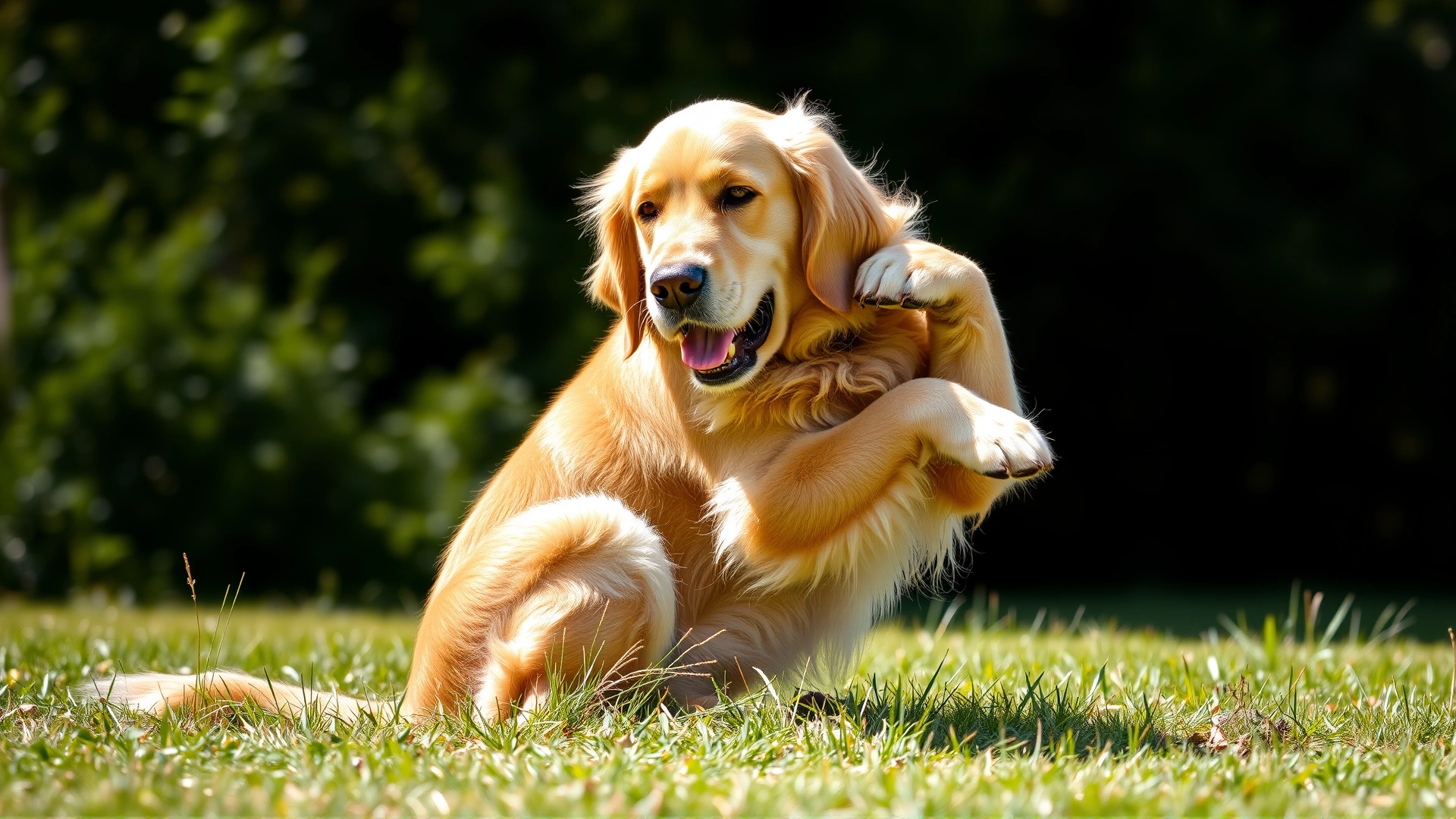 Golden retriever sitting on grass vigorously scratching its neck with hind leg, bright daylight, shallow depth of field