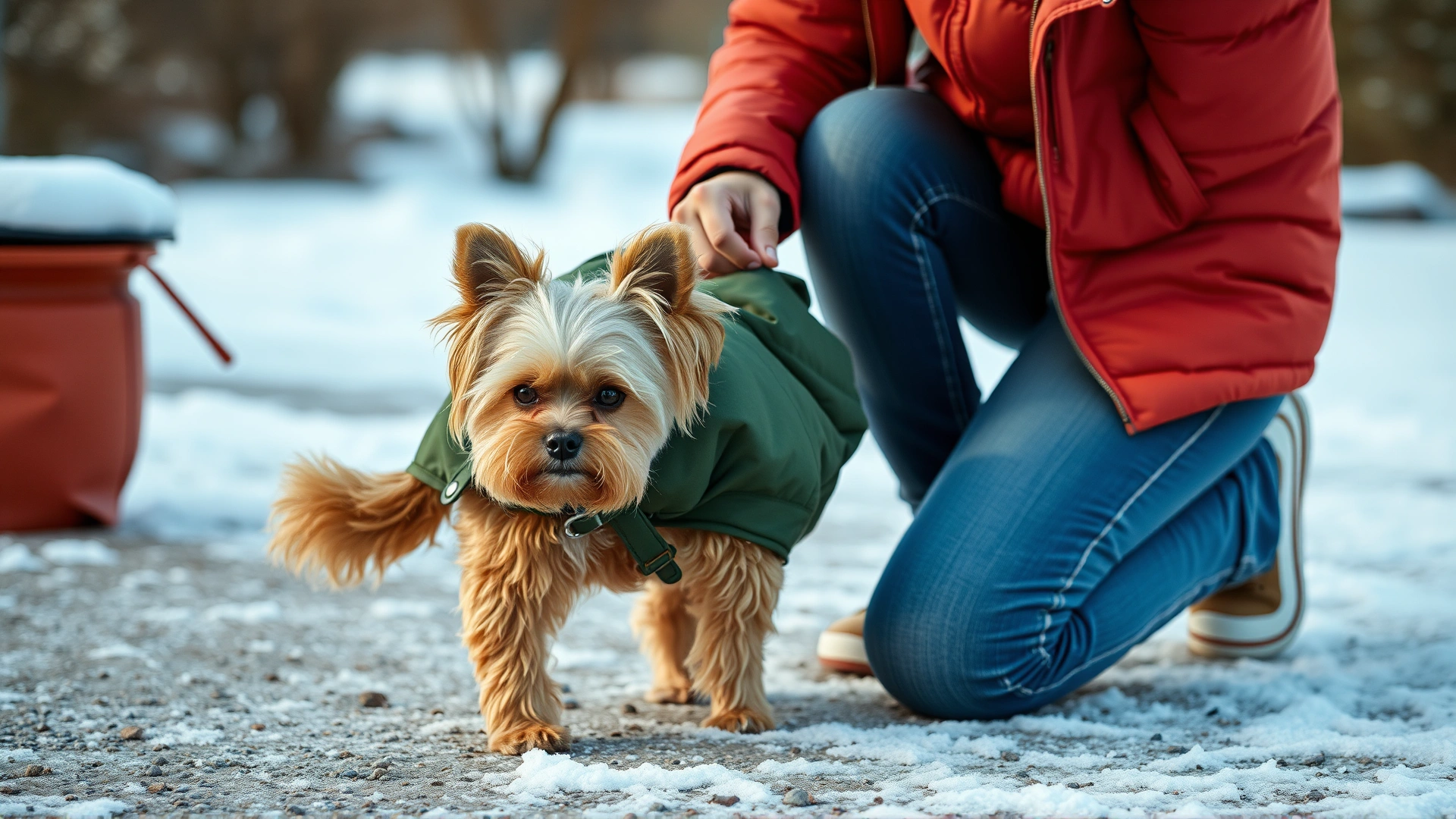Owner kneeling to fasten a puffy winter coat on a small dog before heading outside