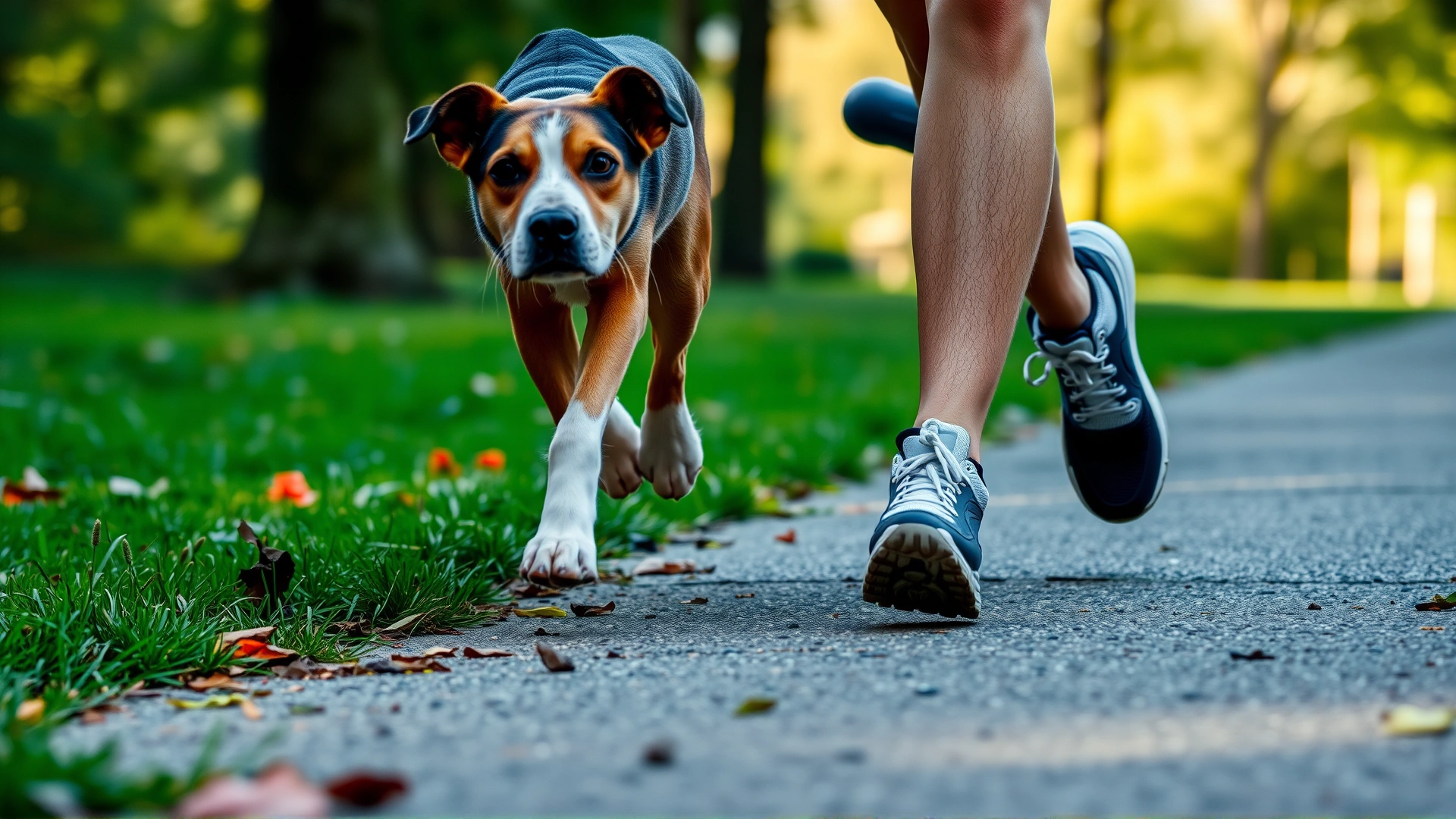 Close-up of a dog running in step next to a jogger’s legs on a paved park path
