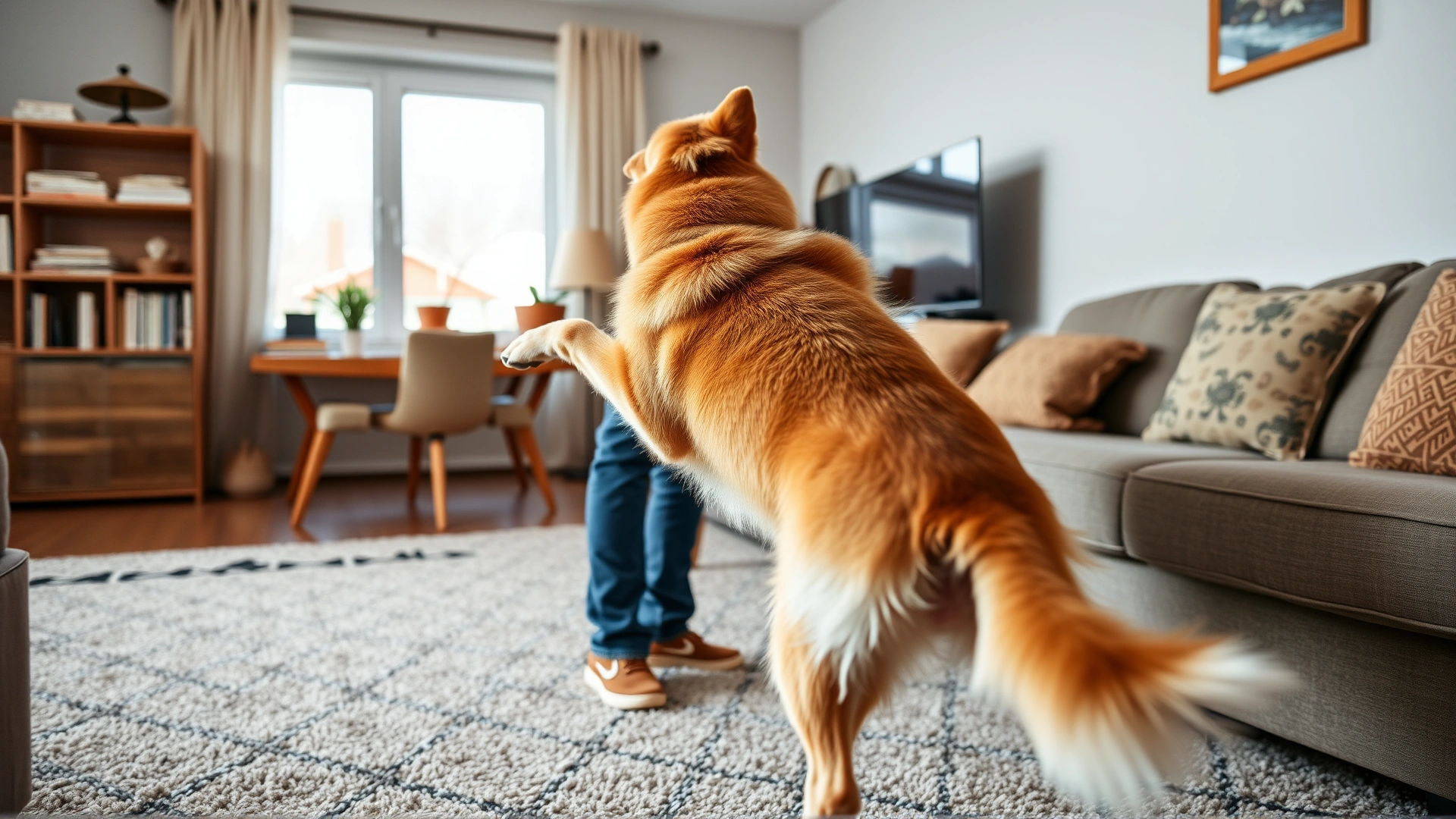 Large dog jumping up toward owner who is turning their back as part of training, indoor living room