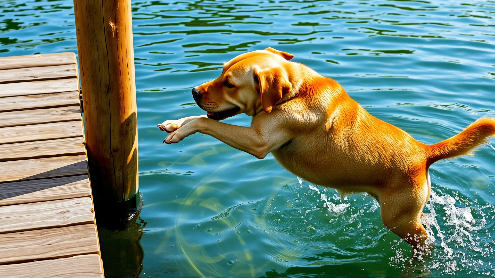 Side view of a Labrador Retriever leaping off a wooden dock into a clear pool, water droplets frozen in the air, summer atmosphere.