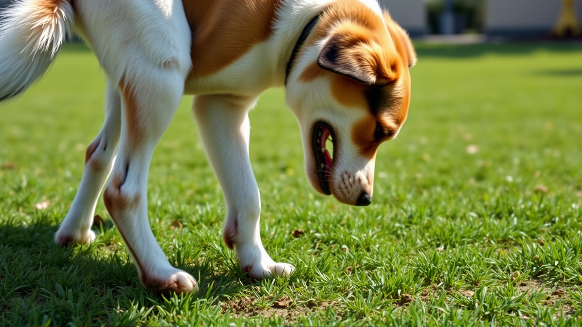 Wide shot of a dog outdoors on a lawn finishing its business and starting to kick the ground with its hind legs, dirt and grass flying slightly, sunny day.