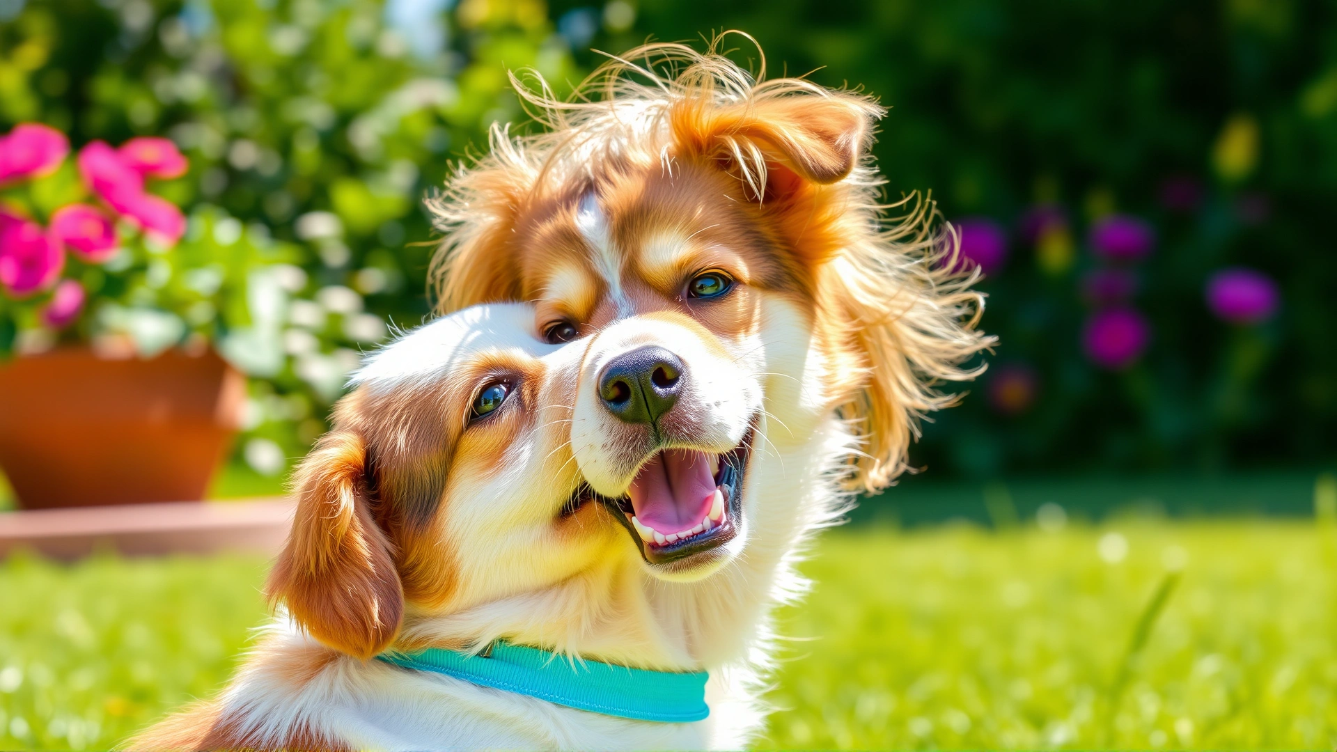 Playful dog gently licking a smiling child's cheek in a sunny garden, vibrant greenery in background.