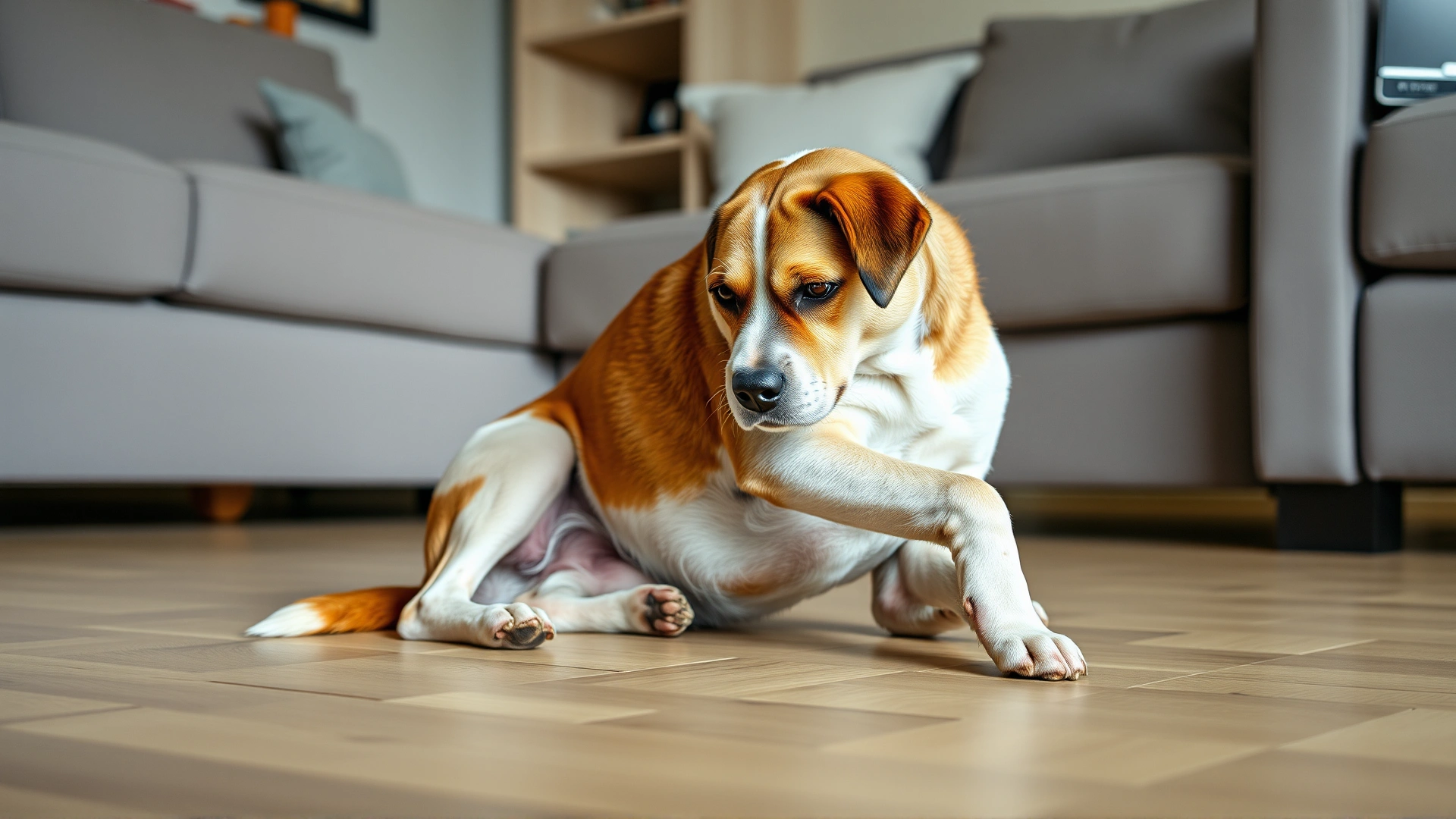 Sad-looking dog slightly lifting one paw while sitting on a living room floor, suggesting joint pain or lameness