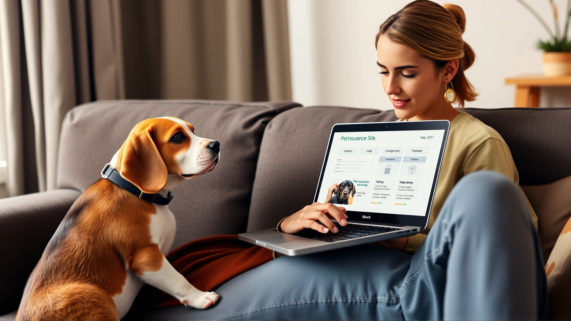 Young woman sitting on a couch comparing pet insurance plans on her laptop while her beagle curiously looks at the screen.
