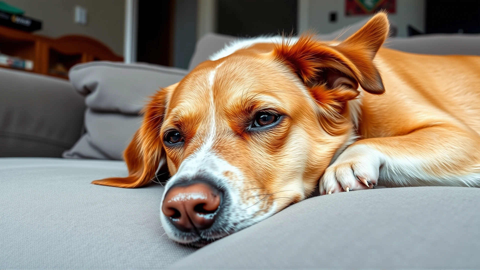 Indoor photo of a tired-looking dog lying on a couch with droopy eyes, illustrating lethargy as a symptom of babesiosis.