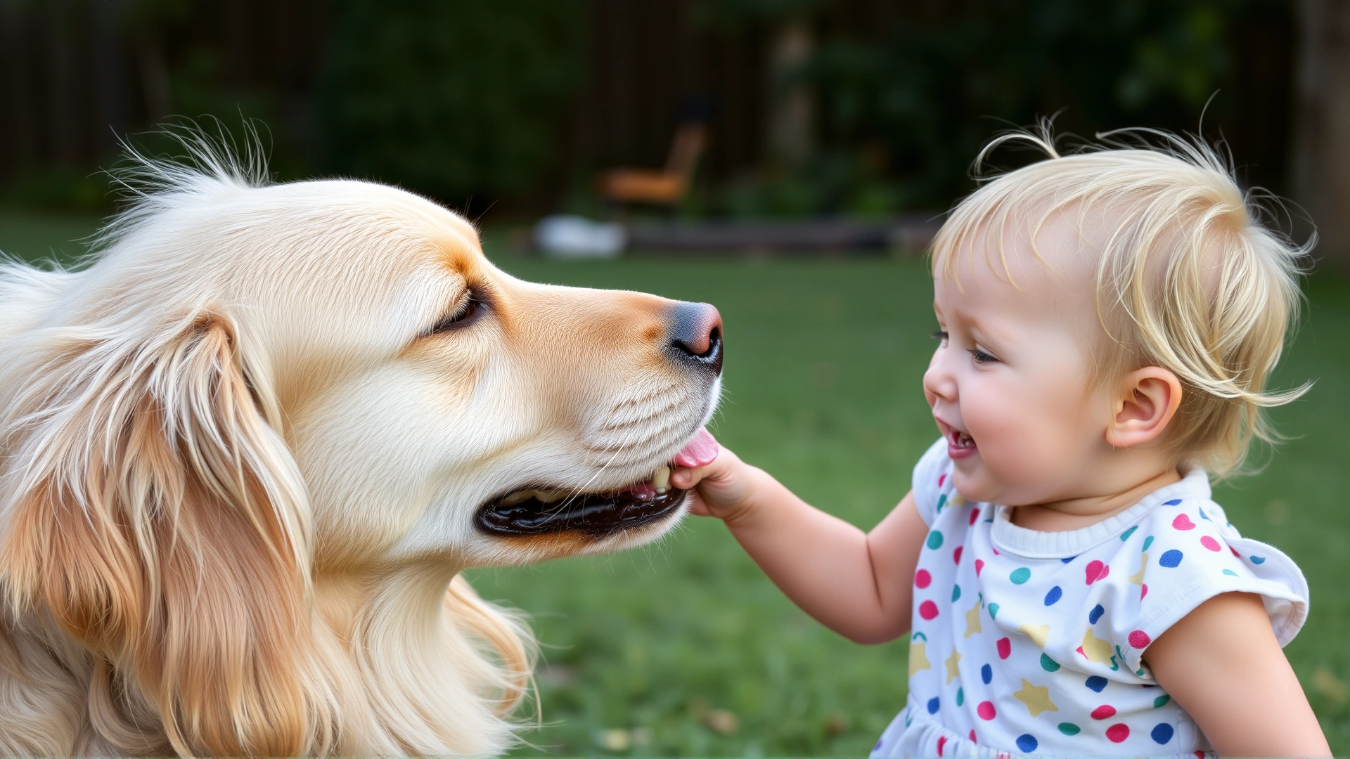 Golden retriever gently licking a smiling child's cheek in a backyard, illustrating pet saliva myth