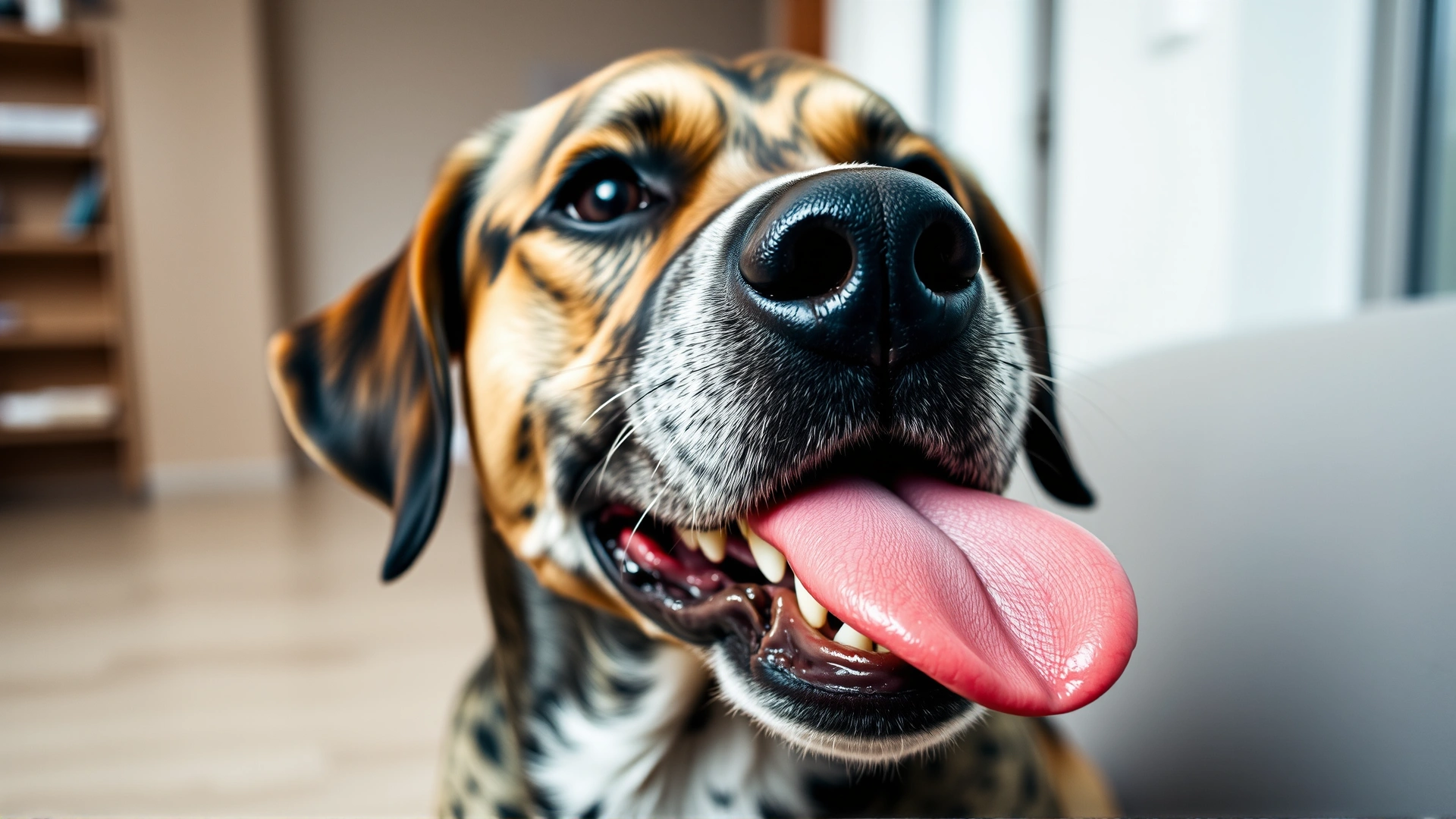 Close-up shot of a mixed-breed dog indoors, mid-lick with tongue visible touching its lips; neutral background to focus on the behavior