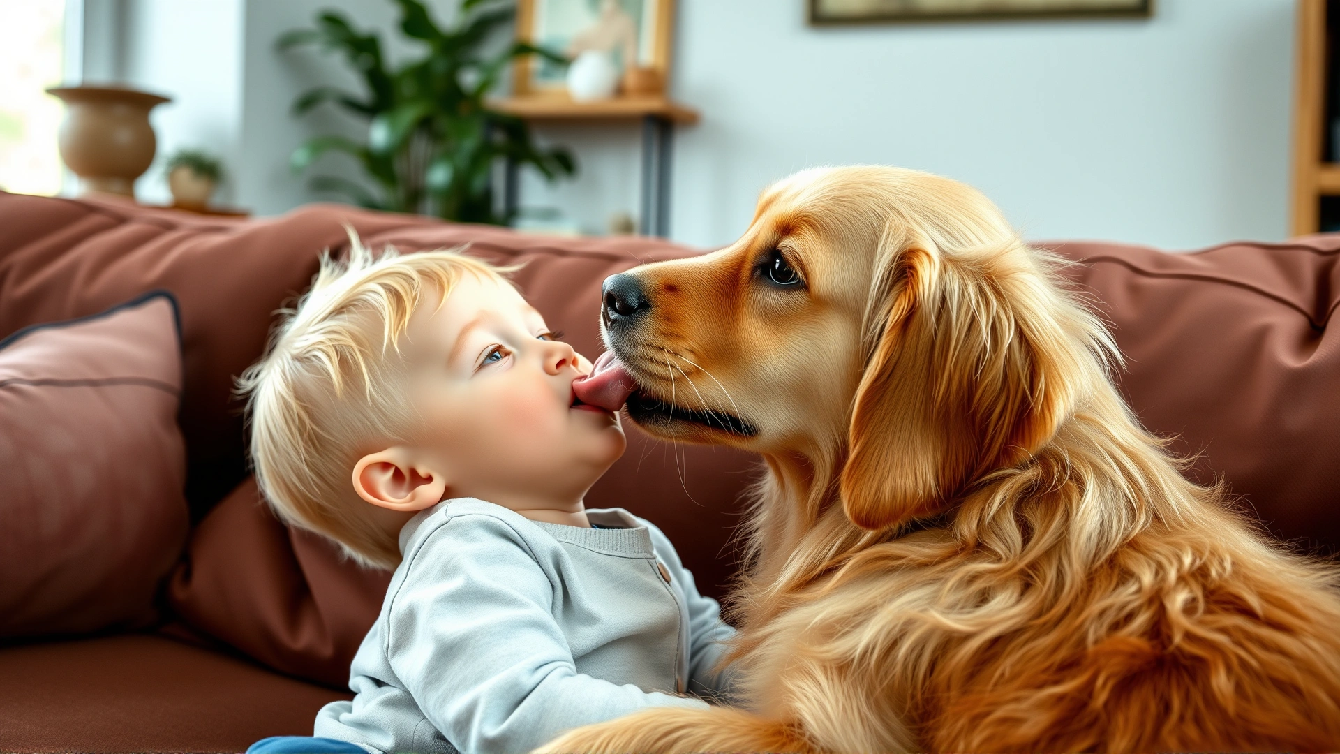 Playful golden retriever puppy licking a child's face while sitting on a cozy living room couch, natural lighting, candid moment