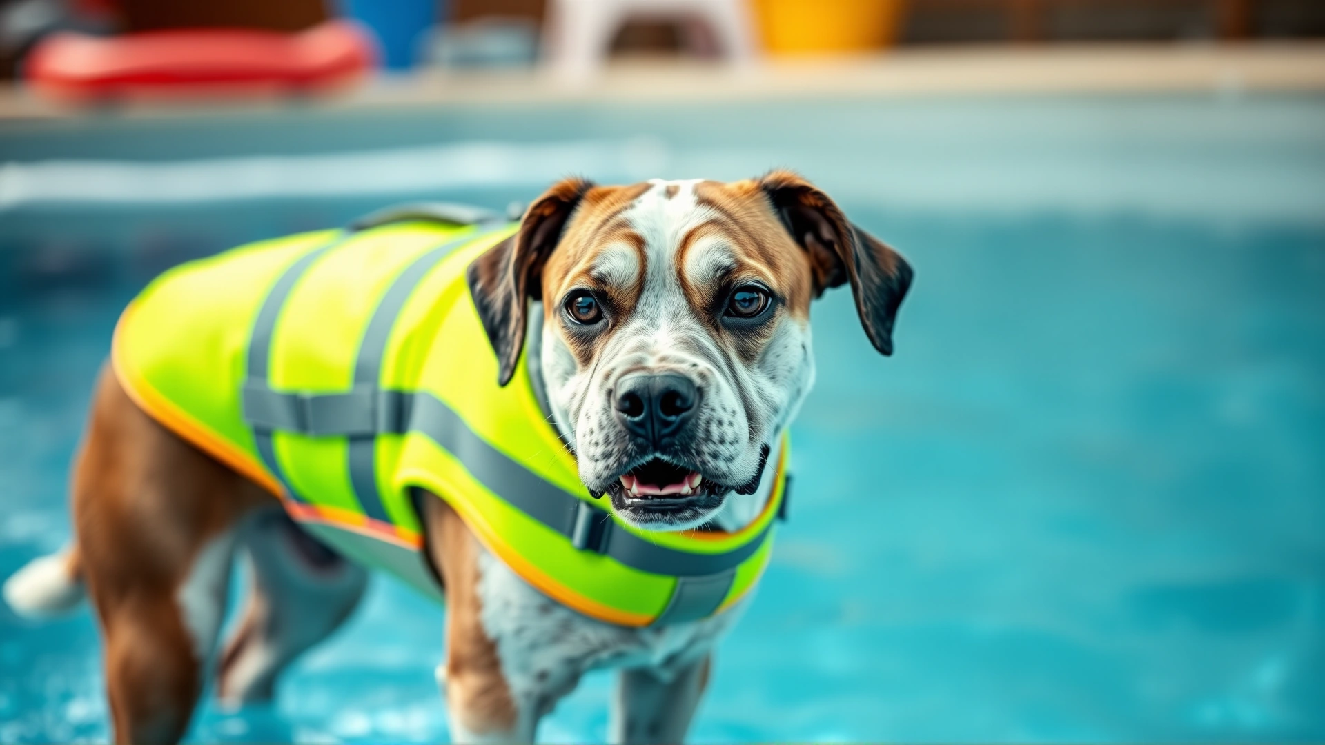 Close-up of a dog standing poolside wearing a neon flotation vest with a confident expression