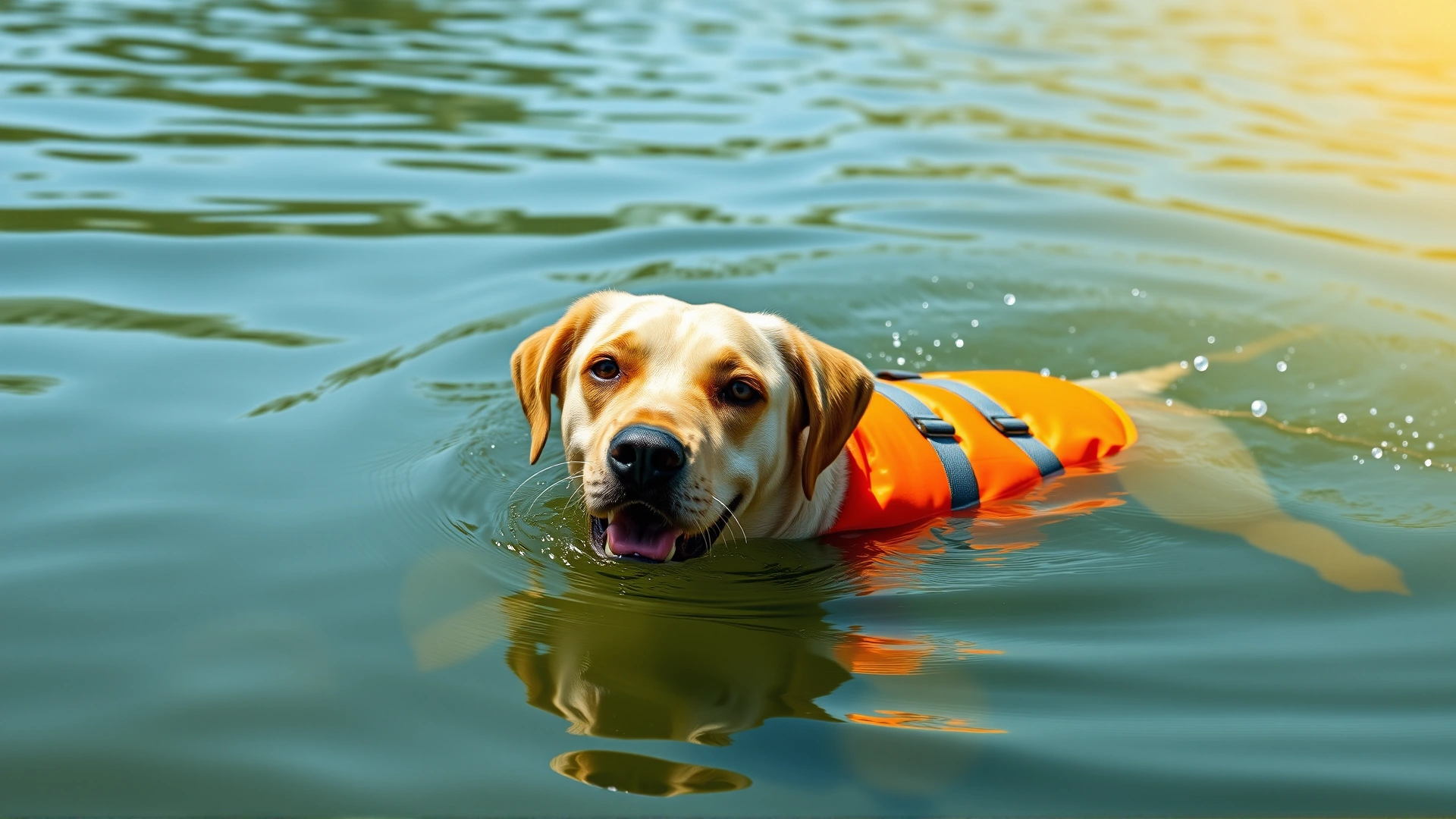 Labrador retriever wearing an orange life jacket swimming toward the camera in a calm lake under bright sunlight.