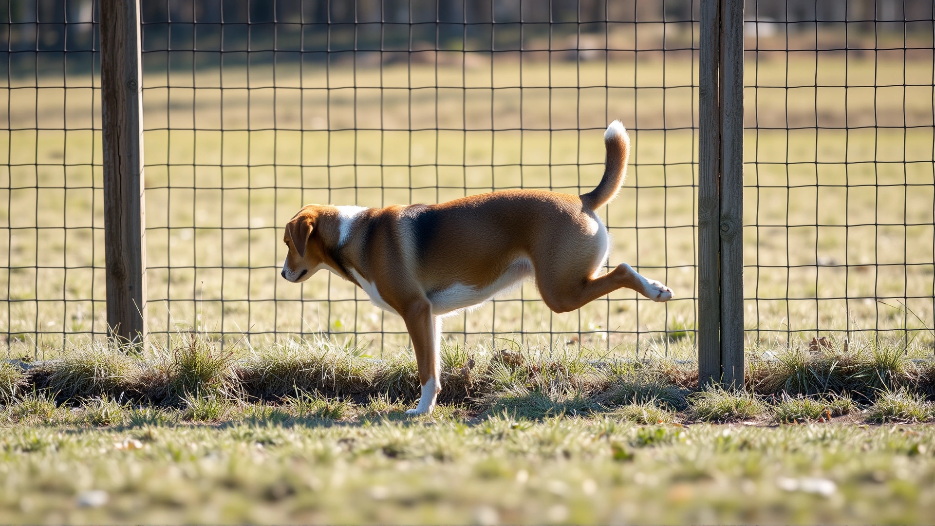 Side profile of a male dog lifting his leg against a fence post in daylight, illustrating typical urine-marking posture.