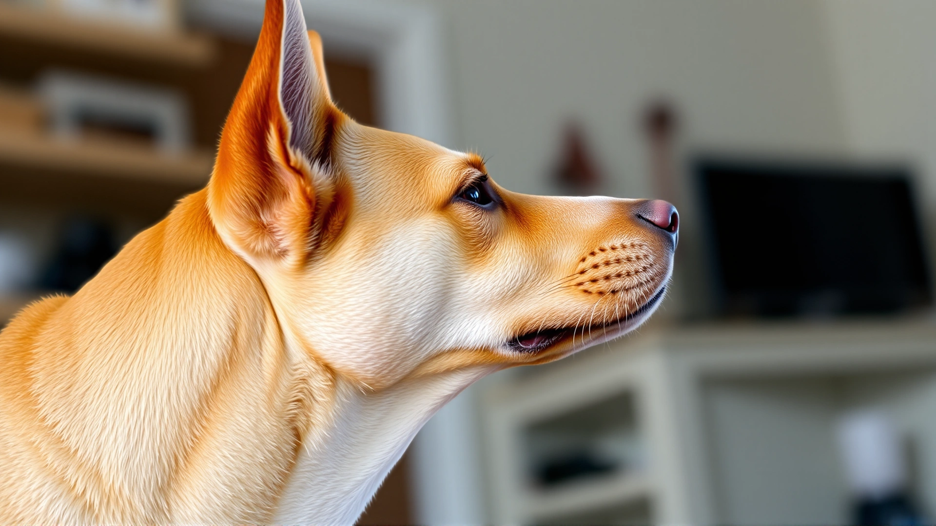 Side profile of a dog with ears perked up, head slightly tilted as if listening intently to its owner, indoor setting.