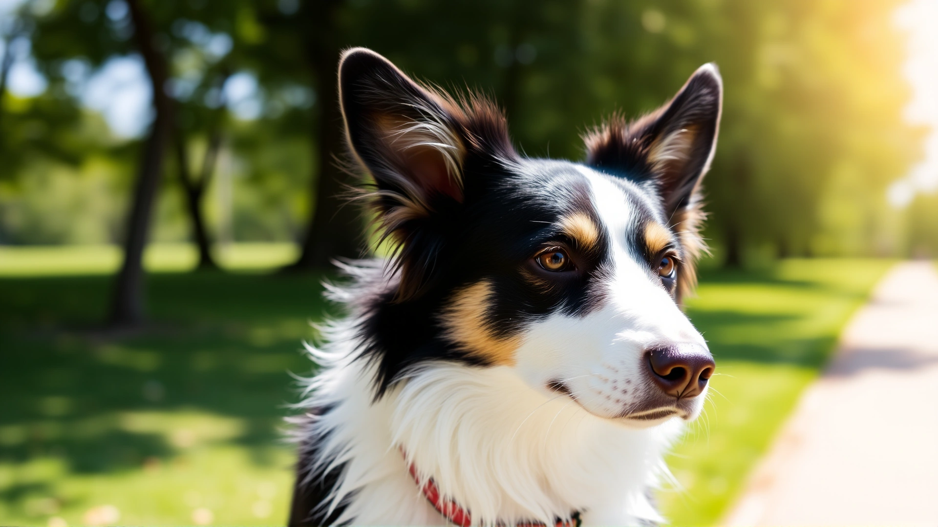 Medium shot of a border collie with ears raised, head slightly tilted, in a green park on a sunny day, showing attentiveness to an unseen owner